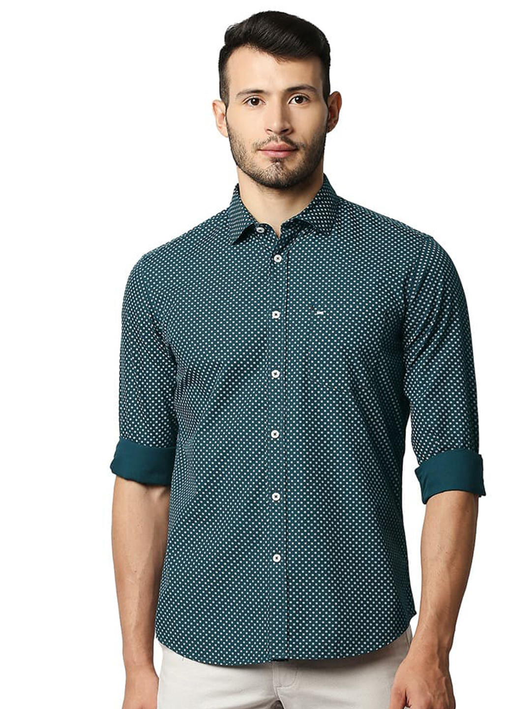 Basics Spread Collar Micro Ditsy Printed Cotton Slim Fit Casual Shirt