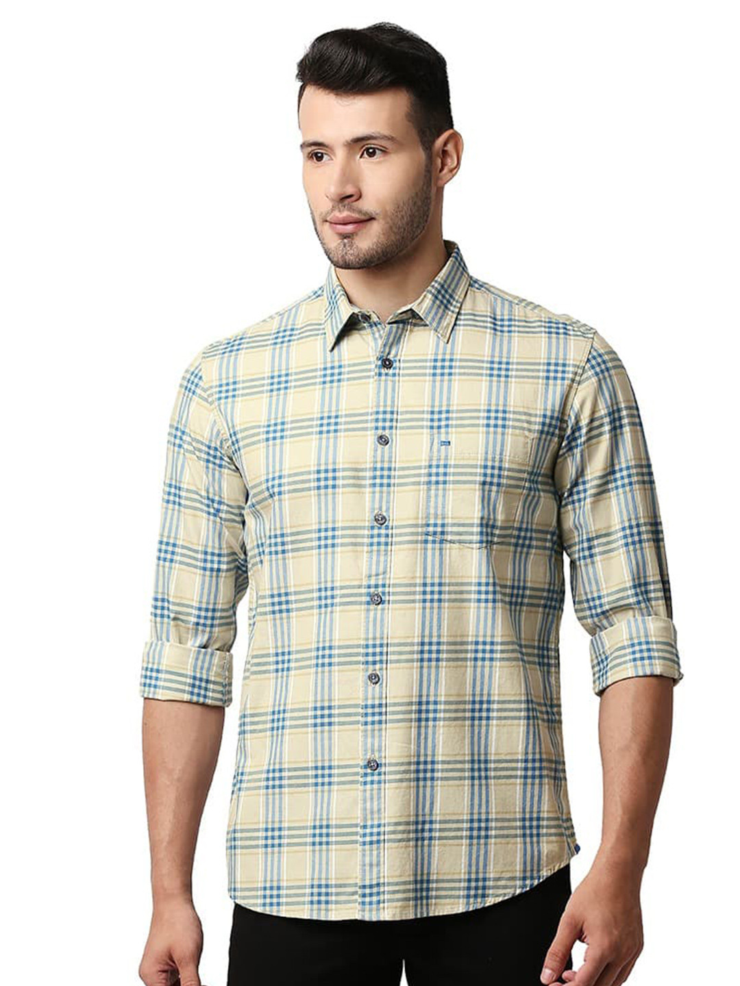 Basics Checked Spread Collar Long Sleeves Twill weave Cotton Slim Fit Casual Shirt