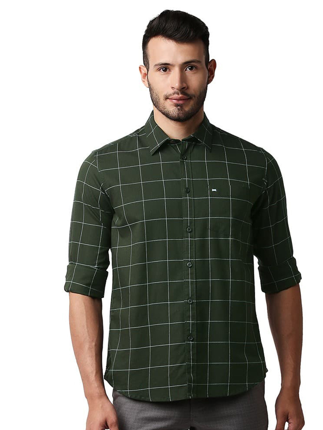 Basics Windowpane Checks Cotton Slim Fit Casual Shirt