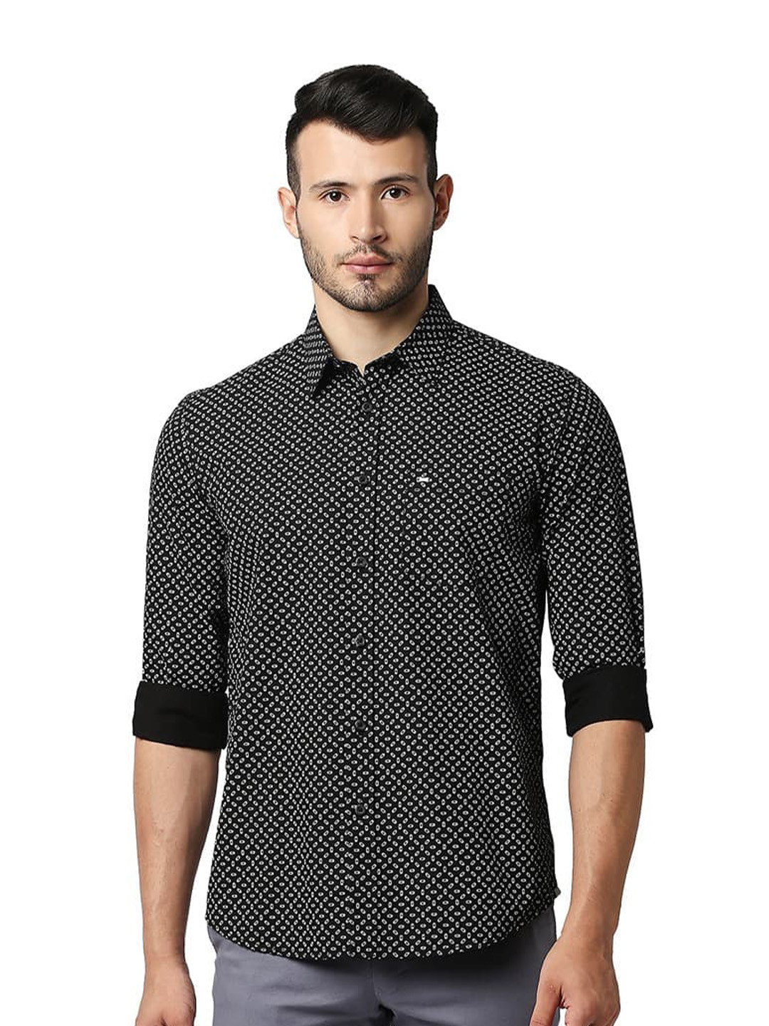 Basics Slim Fit Cotton Night Poplin Printed Casual Shirt