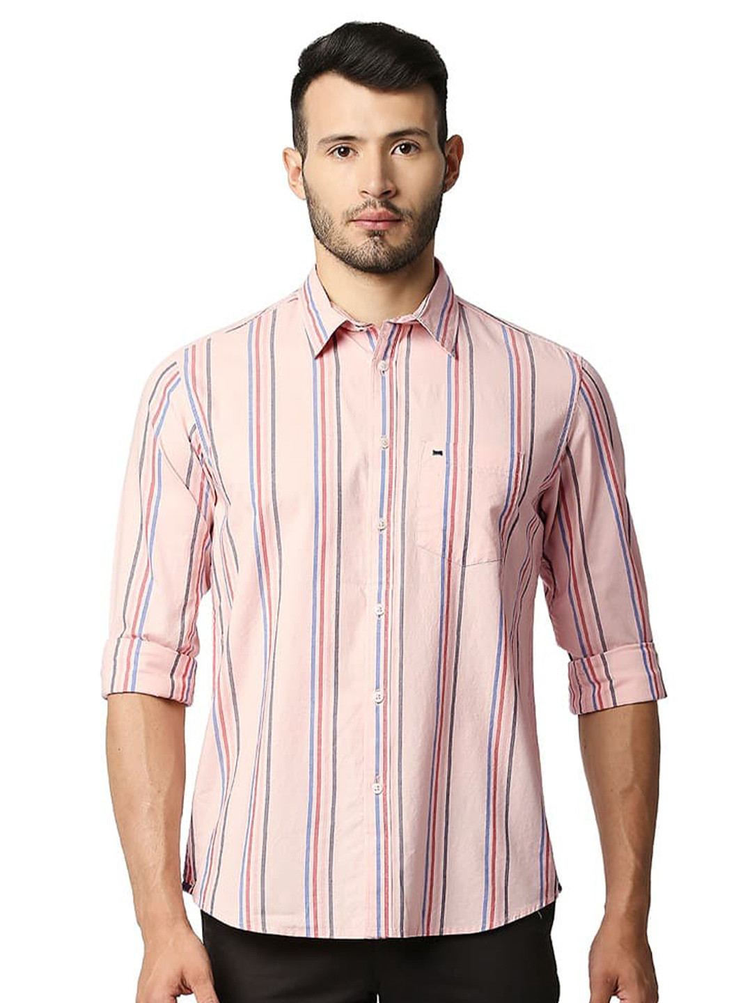 Basics Multi Striped Spread Collar Cotton Slim Fit Casual Shirt
