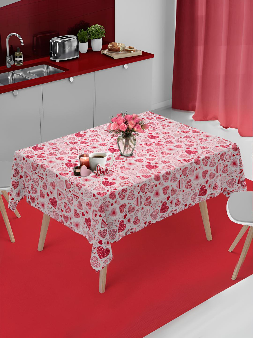 HOME COLORS.IN Red & White Abstract Printed Cotton 4 Seater Square Table Cover