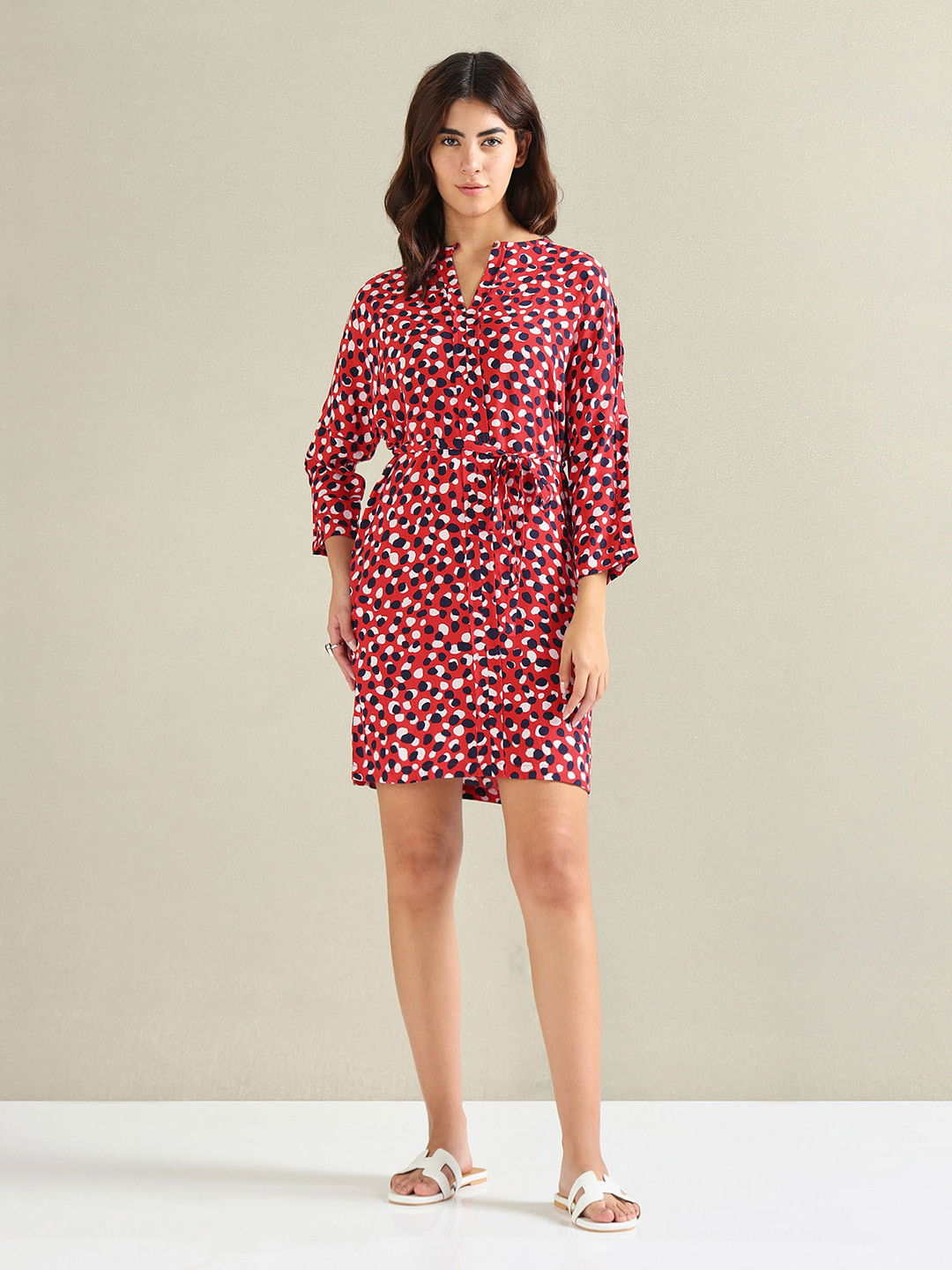 U.S. Polo Assn. Women Geometric Printed Band Collar Roll Up Sleeve Tie Up A-Line Dress