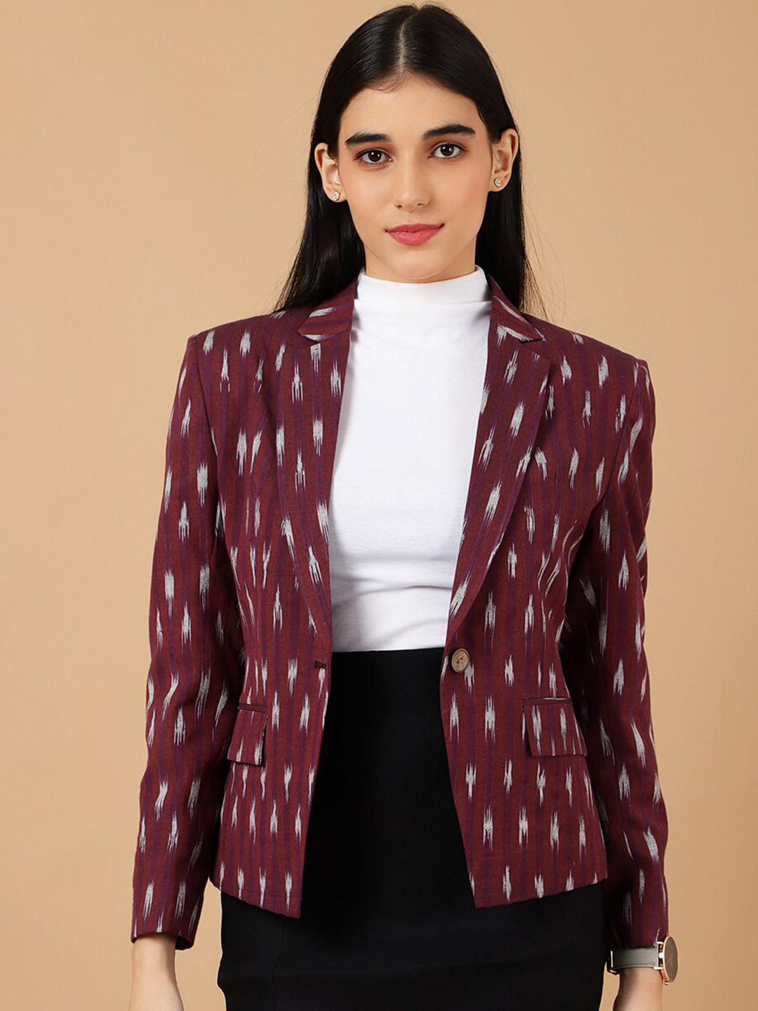 INDOPHILIA Geometric Printed Single-Breasted Ikat Satin Cotton Casual Blazer