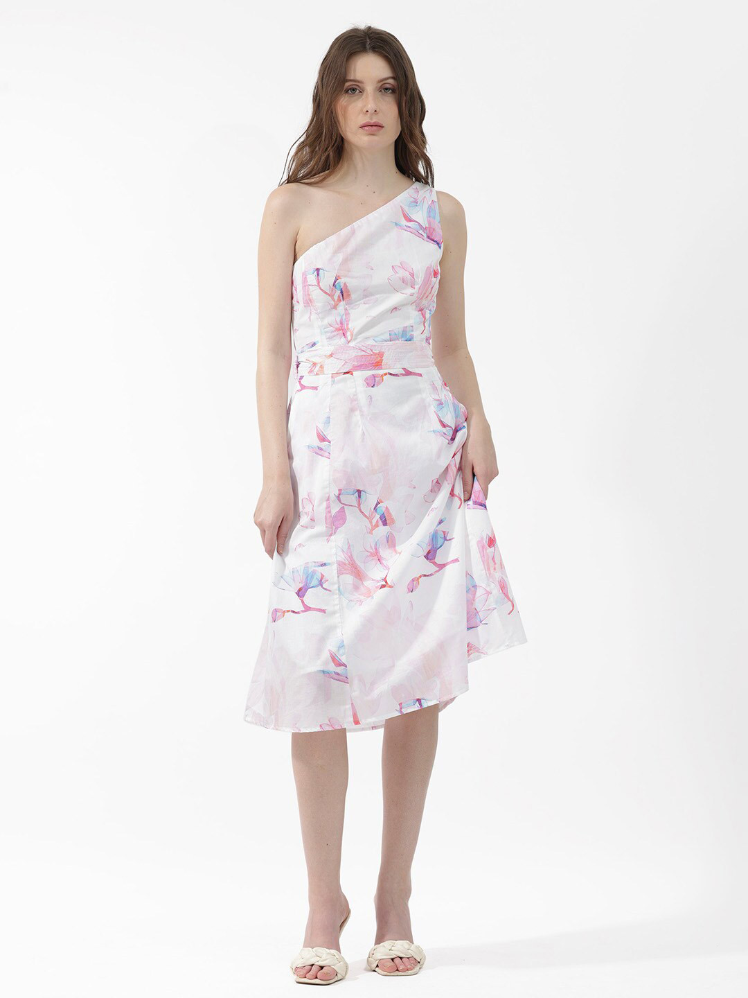 RAREISM One Shoulder Floral Printed Cotton Fit & Flare Dress