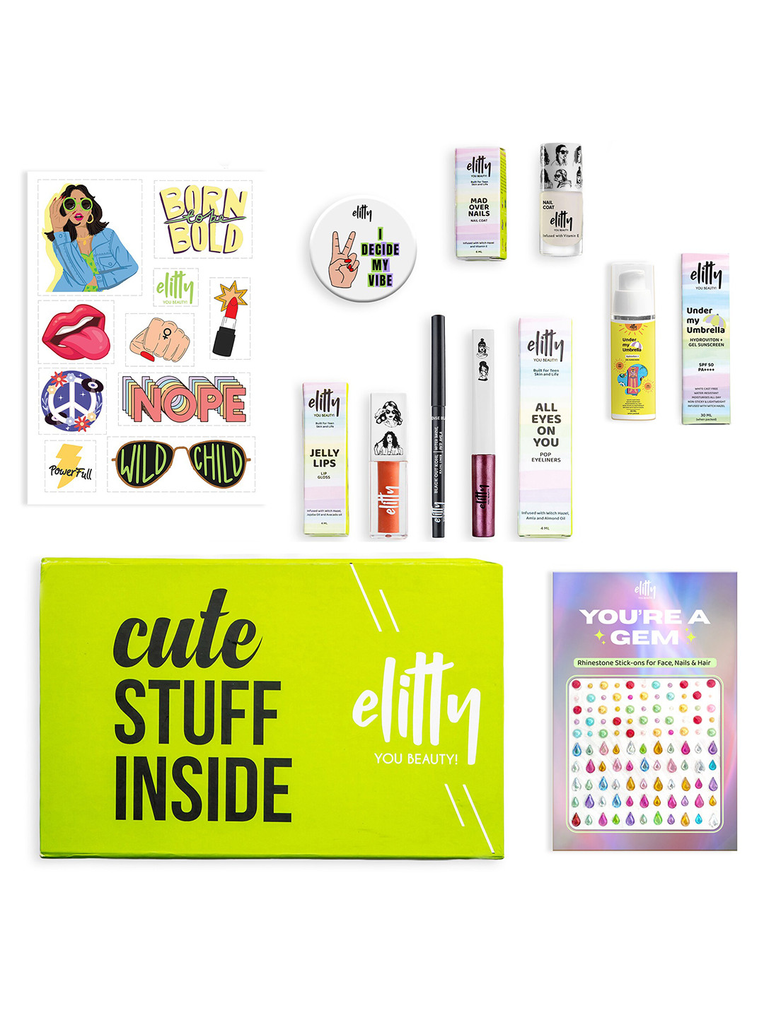 Elitty Spoil Me Good Set Of 6 Nail Paint-Eyeliner-Lip Gloss-Kajal-Sunscreen-Rhinestone