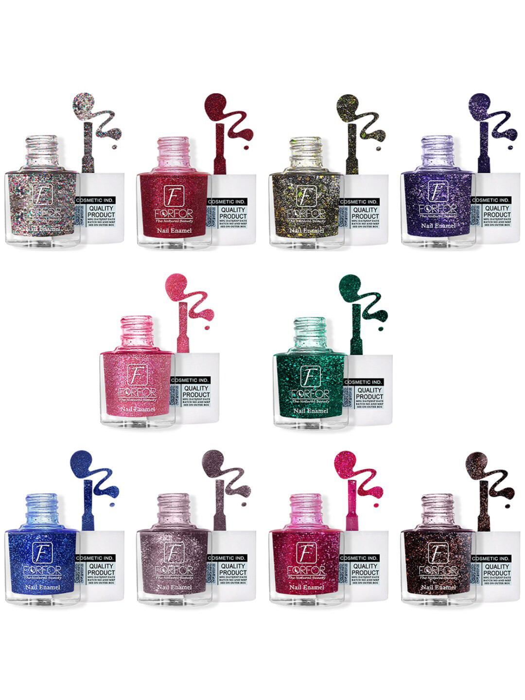 FORFOR High Shine Set Of 10 Glitter Nail Polish-5ml Each- 89-90-91-92-93-94-95-96-97-100