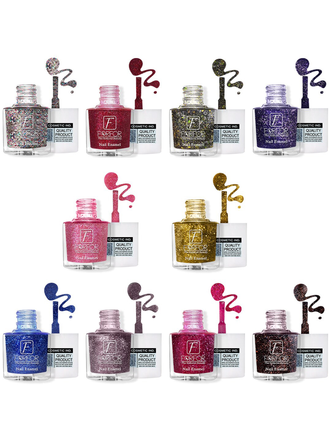 FORFOR High Shine Set Of 10 Glitter Nail Polish-5ml Each - 89-90-91-92-93-94-95-96-97-99