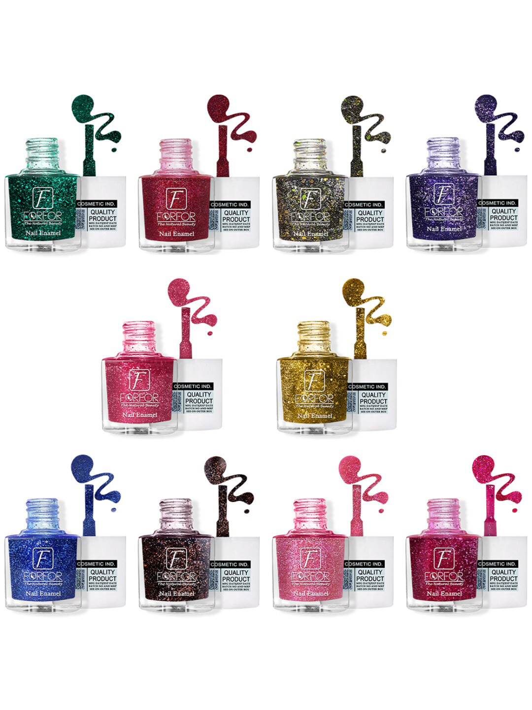 FORFOR Set Of 10 High Shine Glitter Nail Polish - 5ml Each
