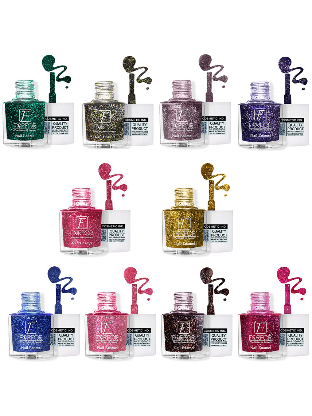 FORFOR Set Of 10 High Shine Glitter Nail Polish - 5ml Each