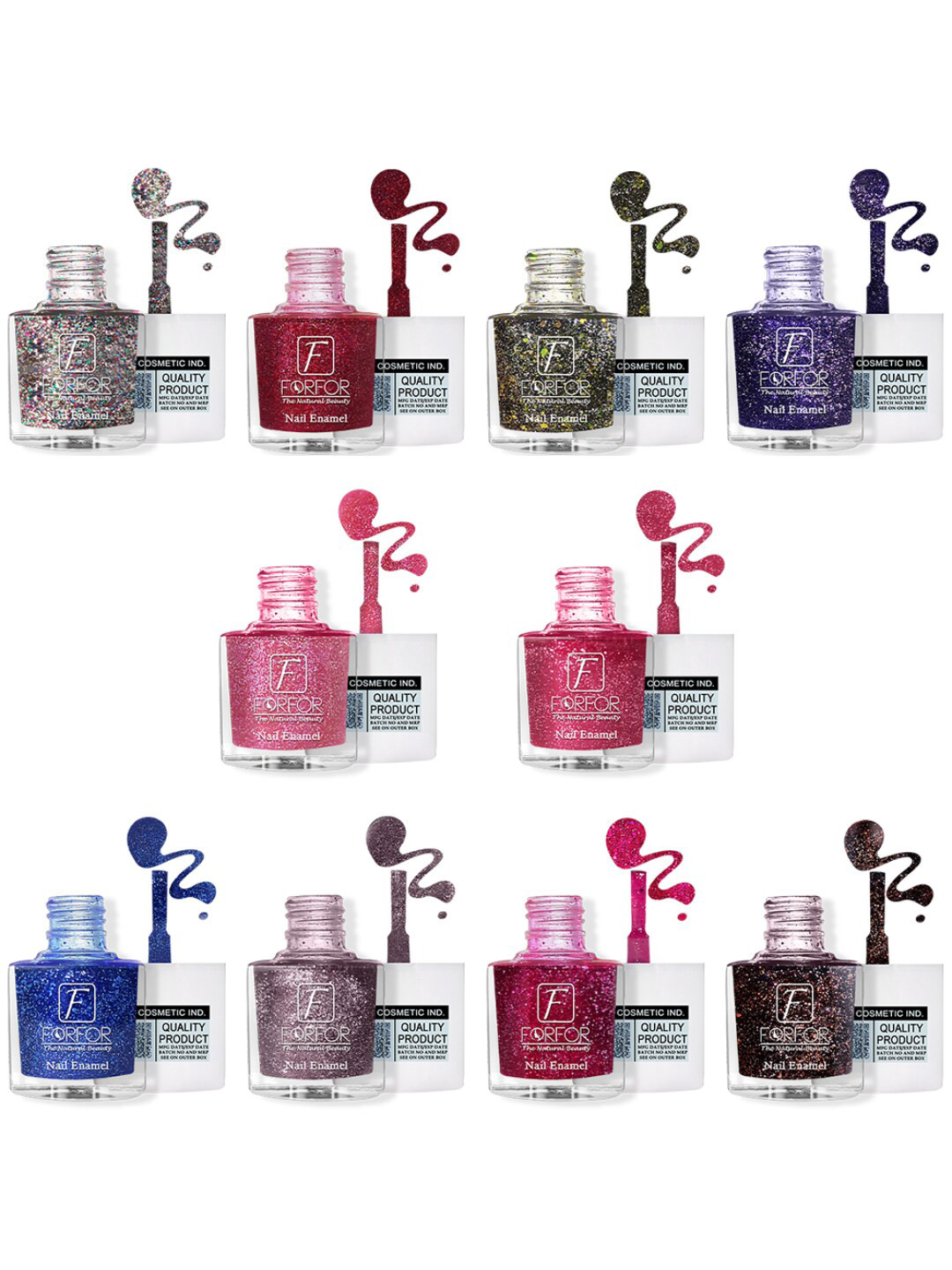 FORFOR Set Of 10 High Shine Glitter Nail Polish - 5ml Each