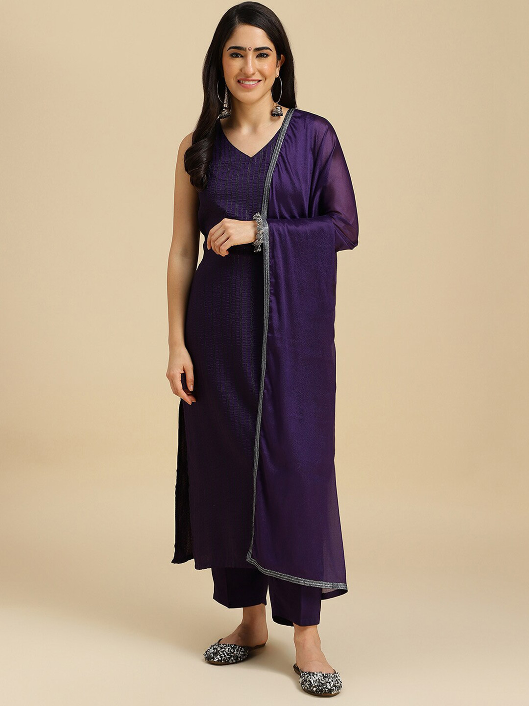 MOKOSH Striped V-Neck Straight Kurta with Trousers & Dupatta