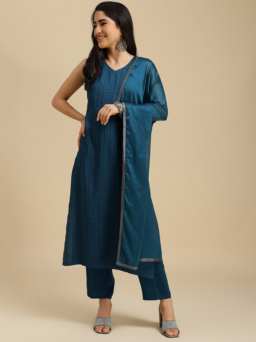 MOKOSH Striped V-Neck Straight Kurta with Trousers & Dupatta
