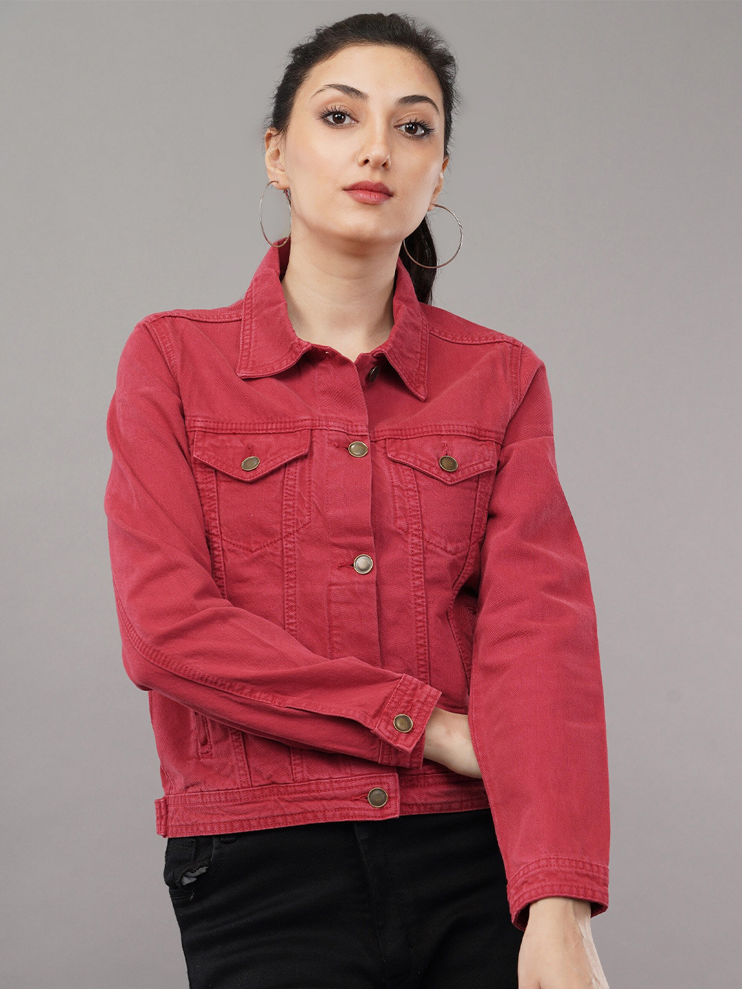 Mast & Harbour Maroon Long Sleeves Denim Jacket