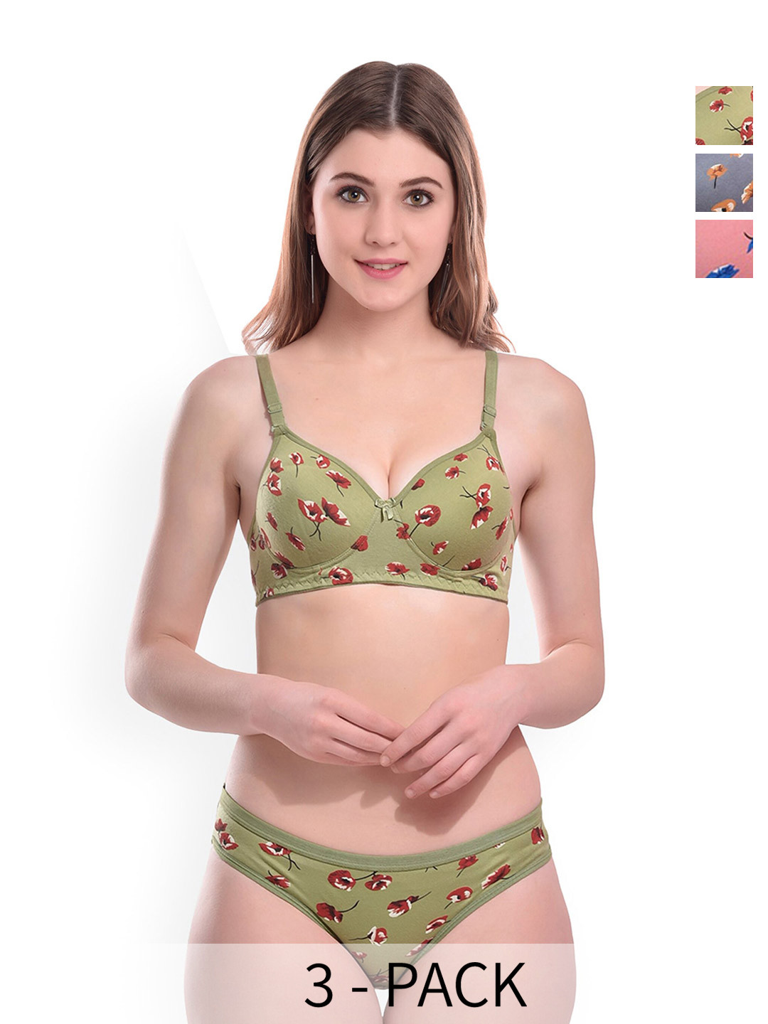 AROUSY Pack Of 3 Printed Cotton Lightly Padded Lingerie Set Kali-Set3