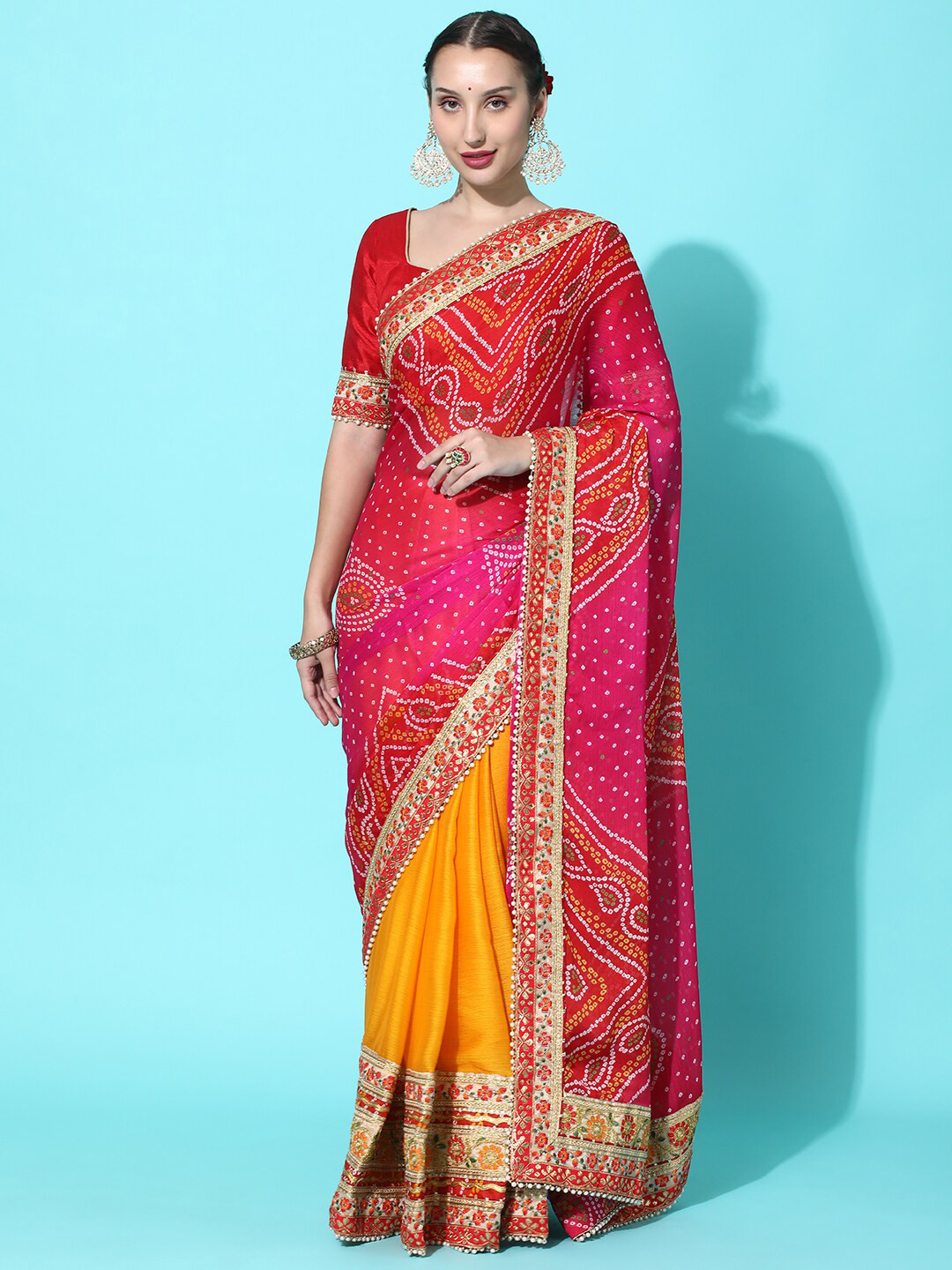 Mitera Yellow & Pink Bandhani Embroidered Pure Chiffon Half and Half Bandhani Saree