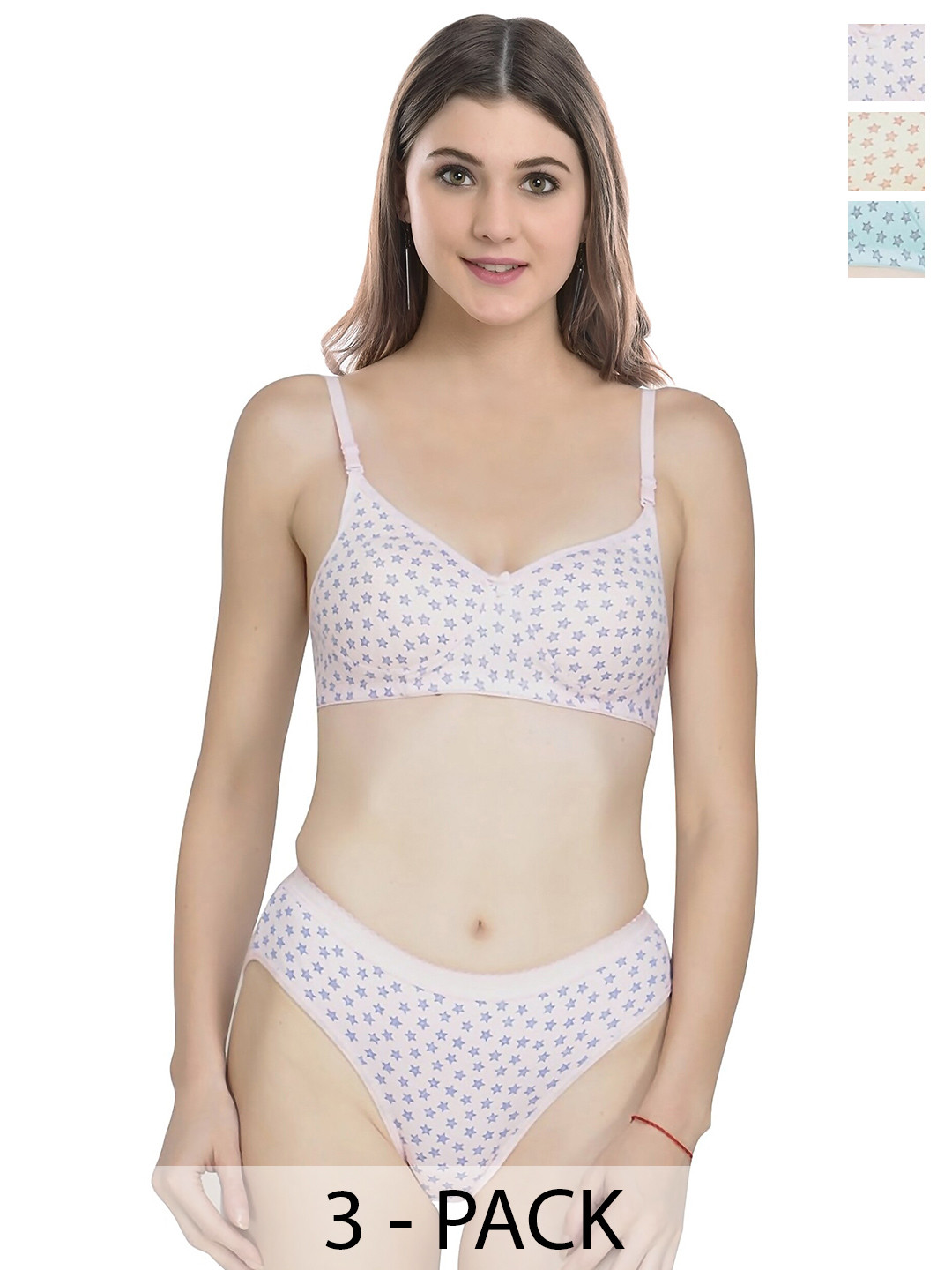 AROUSY Pack Of 3 Printed Non-Padded Cotton Lingerie Set B-StarPD