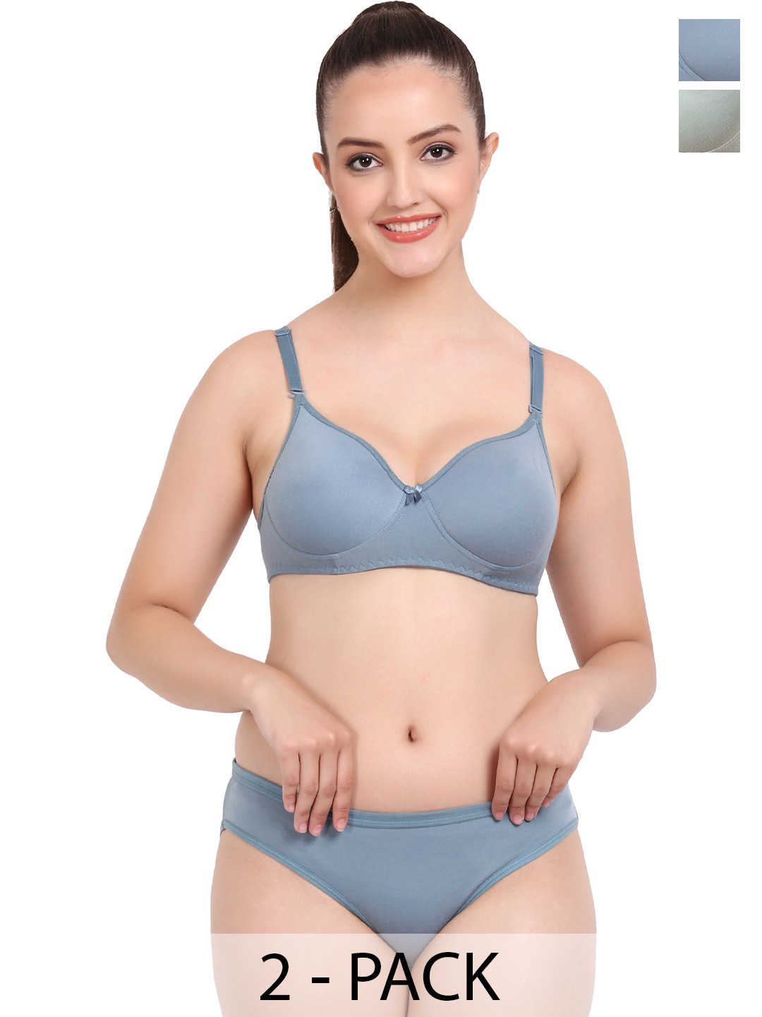 AROUSY Pack Of 2 Non Padded Non Wired Cotton Lingerie Set A-Nisa Set_Green,Blue