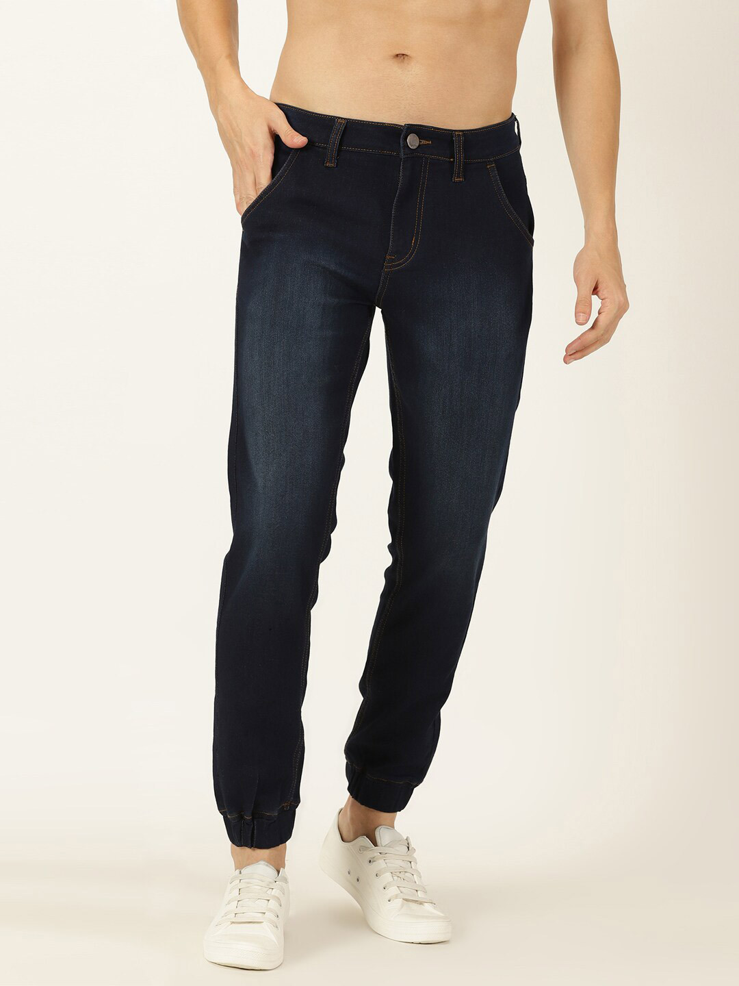 HERE&NOW Men Navy Blue Smart Mid-Rise Dark Shade Clean Look Stretchable Joggers