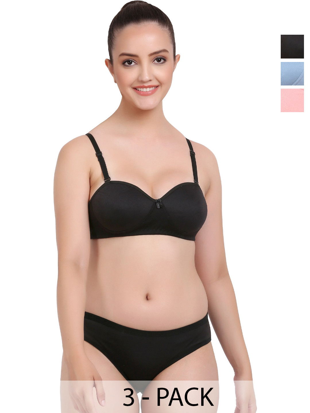 AROUSY Pack Of 3 Lightly Padded Cotton Lingerie Set K_Demi-Set_Black,Pink,Blue