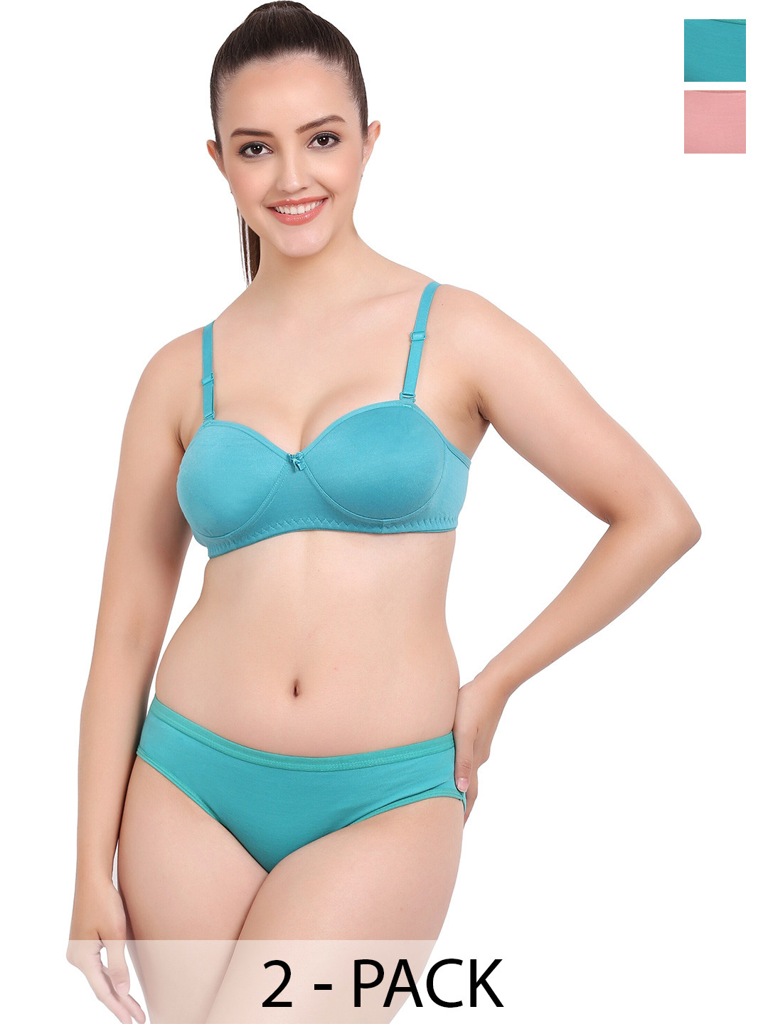 AROUSY Pack Of 2 Cotton Lingerie Set K_Demi-Set_Pink,D-Blue