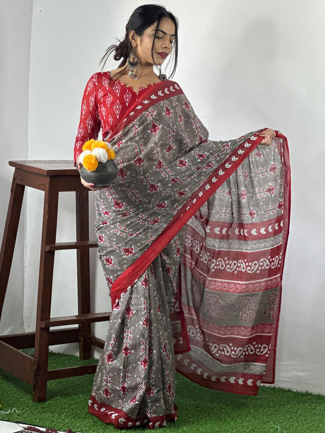 KALINI Ethnic Motifs Printed Poly Cotton Bagh Saree