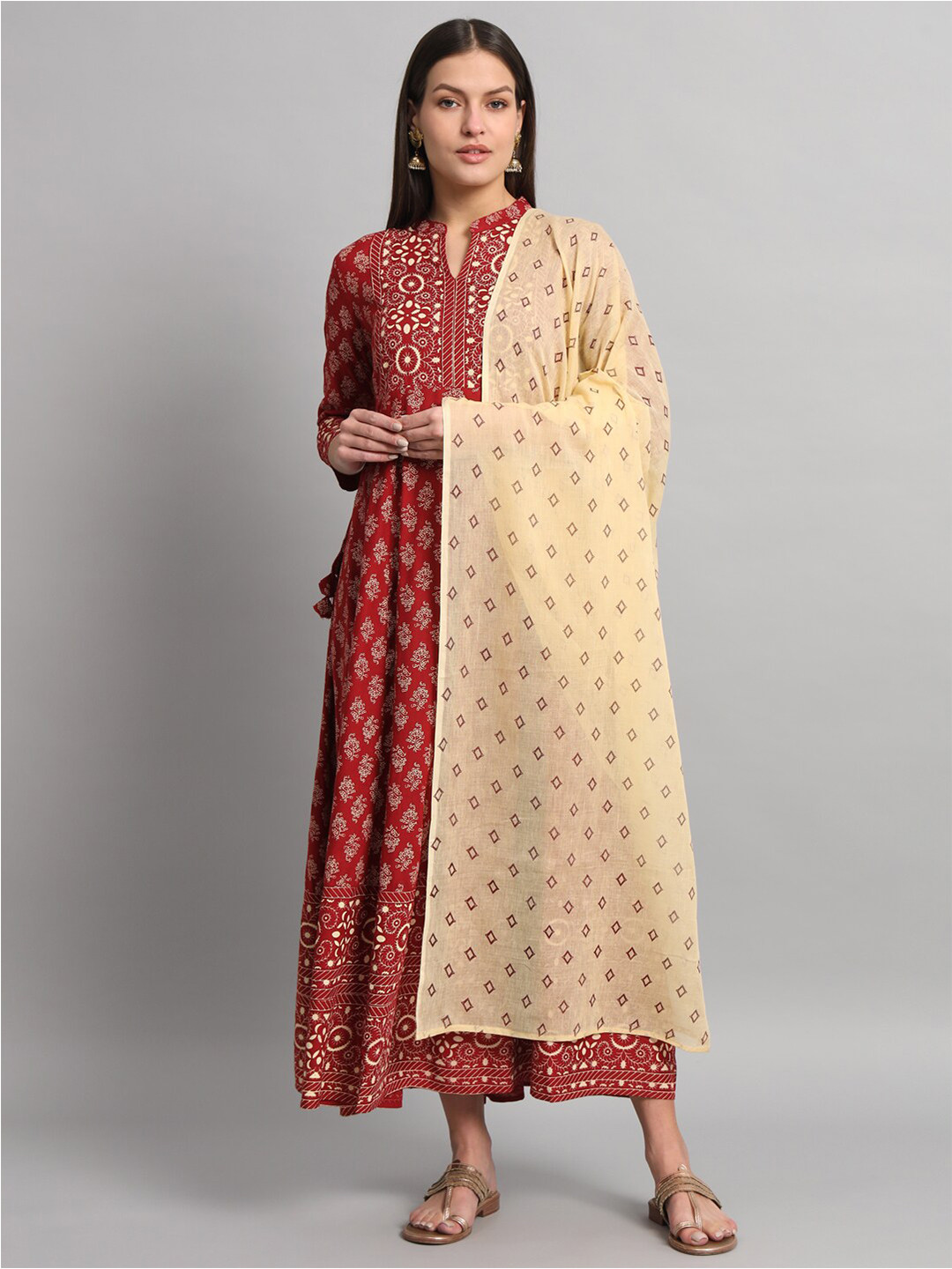KBZ Ethnic Motifs Printed Sequined Maxi Dress With Dupatta
