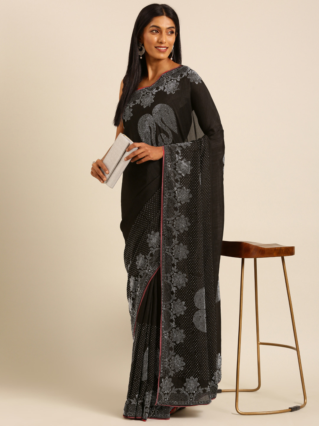 HERE&NOW Floral Beads & Stones Ready to Wear Mysore Silk Saree