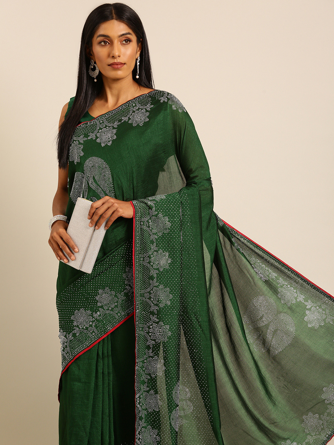 HERE&NOW Floral Beads & Stones Ready to Wear Mysore Silk Saree