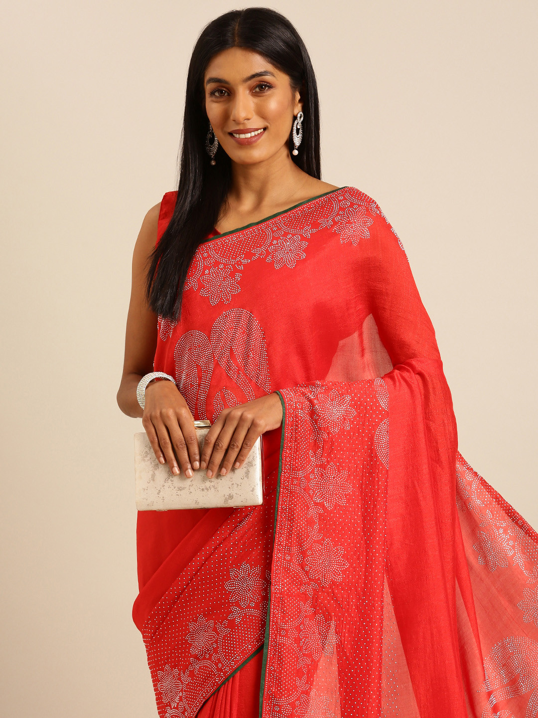 HERE&NOW Floral Beads & Stones Ready to Wear Mysore Silk Saree