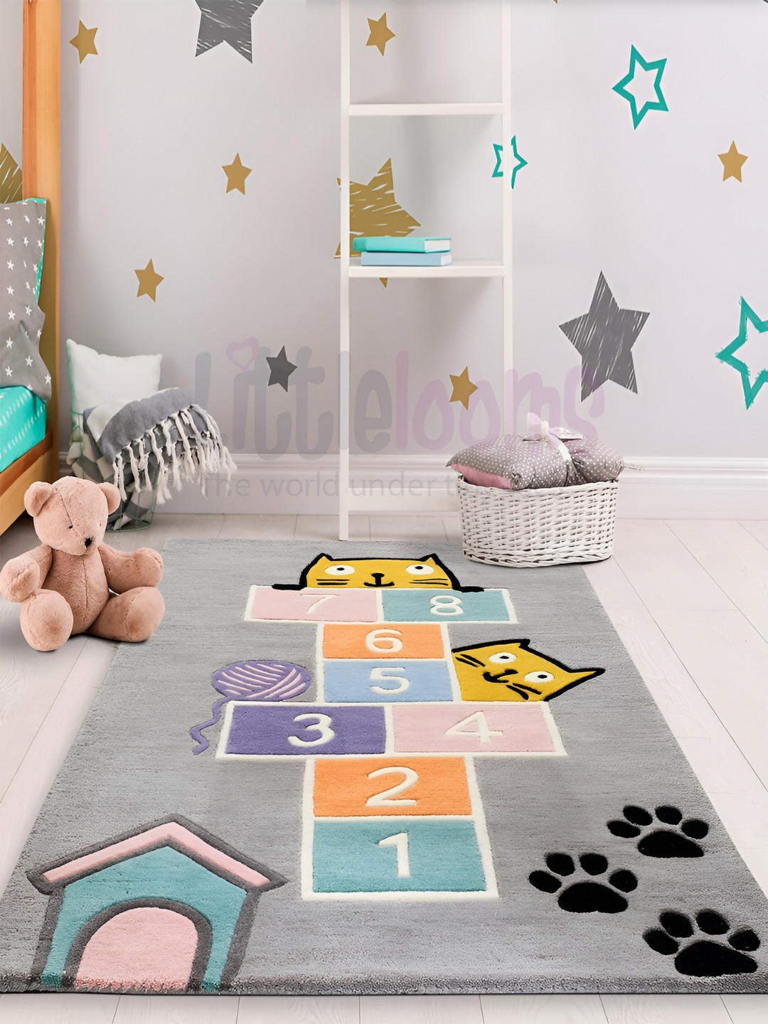 LITTLELOOMS Grey & Pink Hopscotch Hand-Tufted Rectangular Woollen Carpet