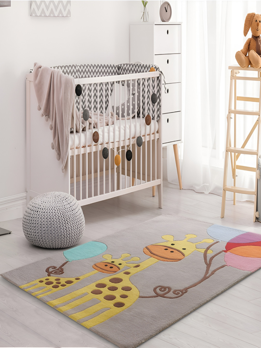 LITTLELOOMS Grey & Yellow Giraffee Printed Hand-Tufted Rectangular Woollen Carpet