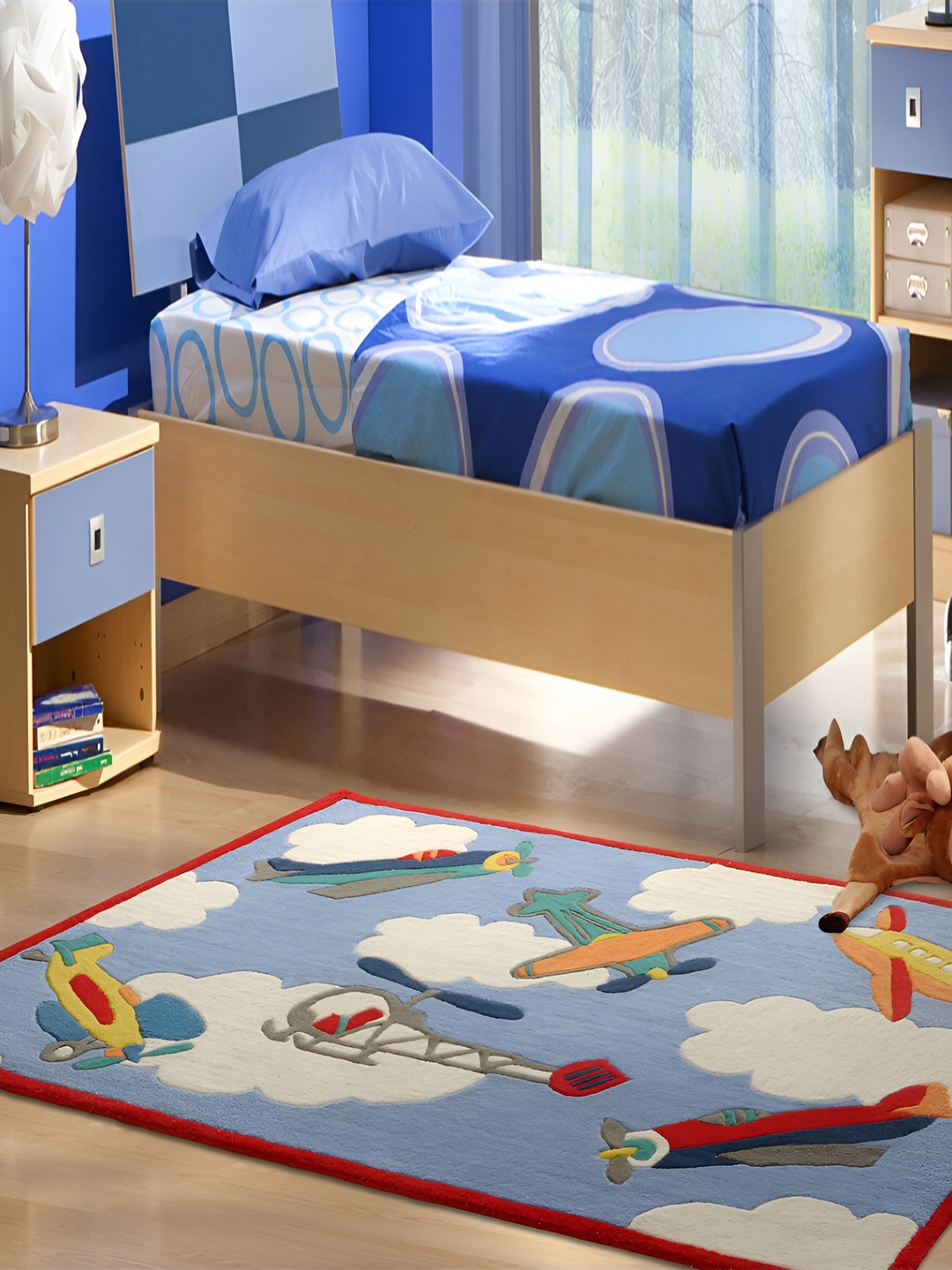 LITTLELOOMS Blue & White Flying Planes Printed Hand-Tufted Rectangular Woollen Carpet