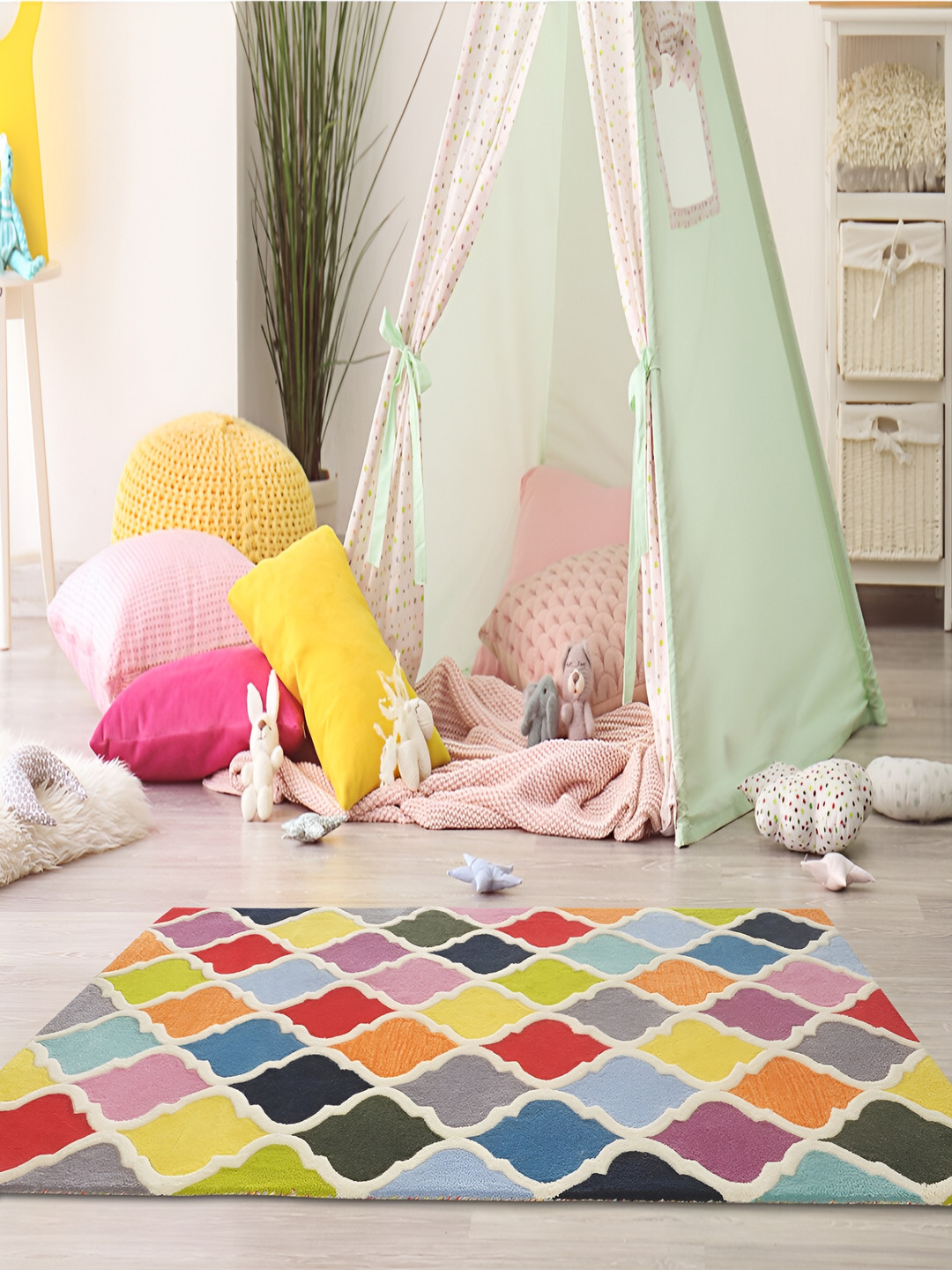LITTLELOOMS Red & Yellow Geometric Hand-Tufted Rectangular Woollen Carpet