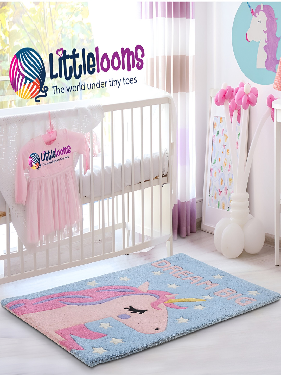 LITTLELOOMS Blue & Pink Unicorn Hand-Tufted Rectangular Woollen Carpet