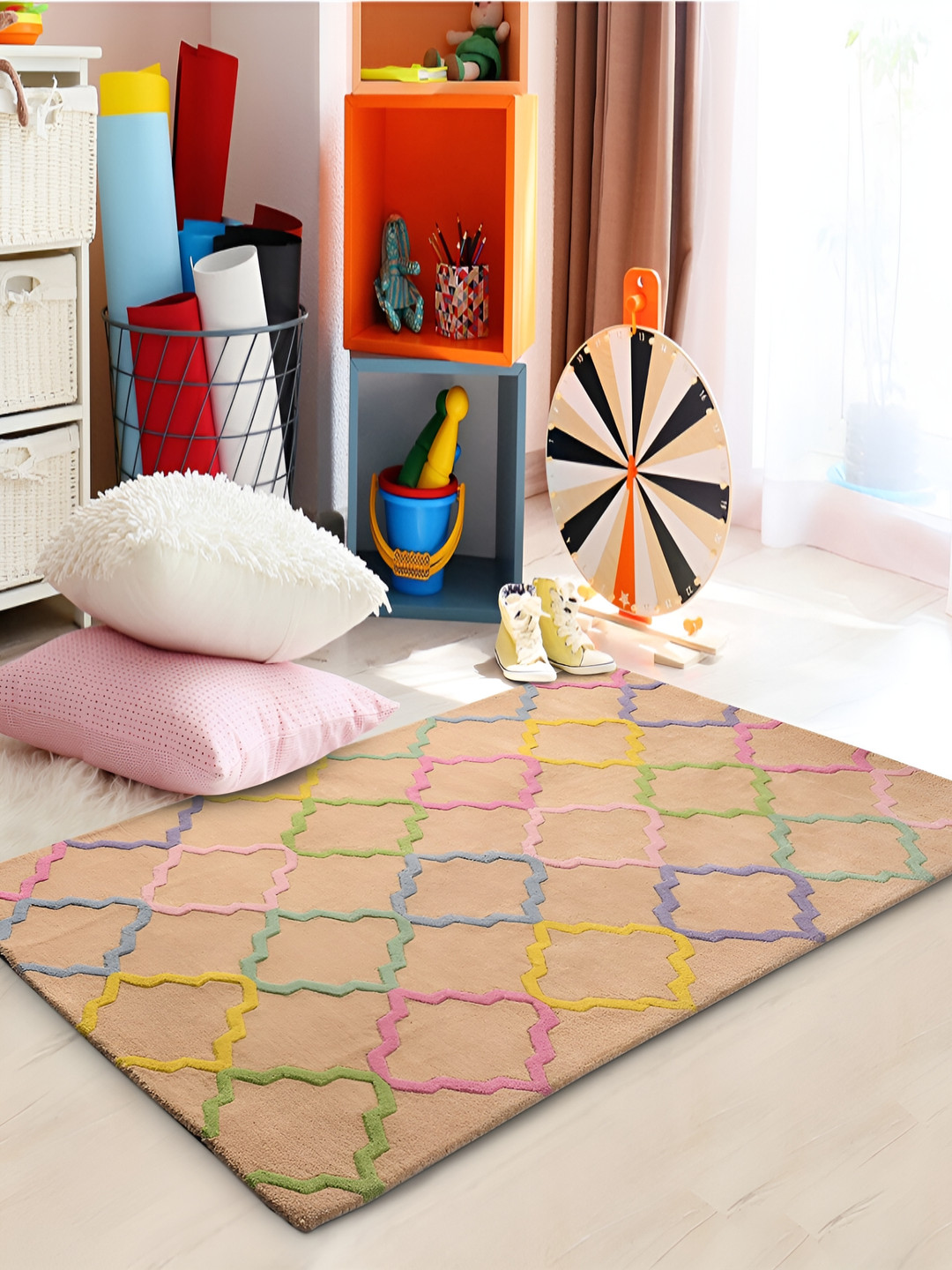 LITTLELOOMS Beige & Pink Hand-Tufted Rectangular Woollen Carpet