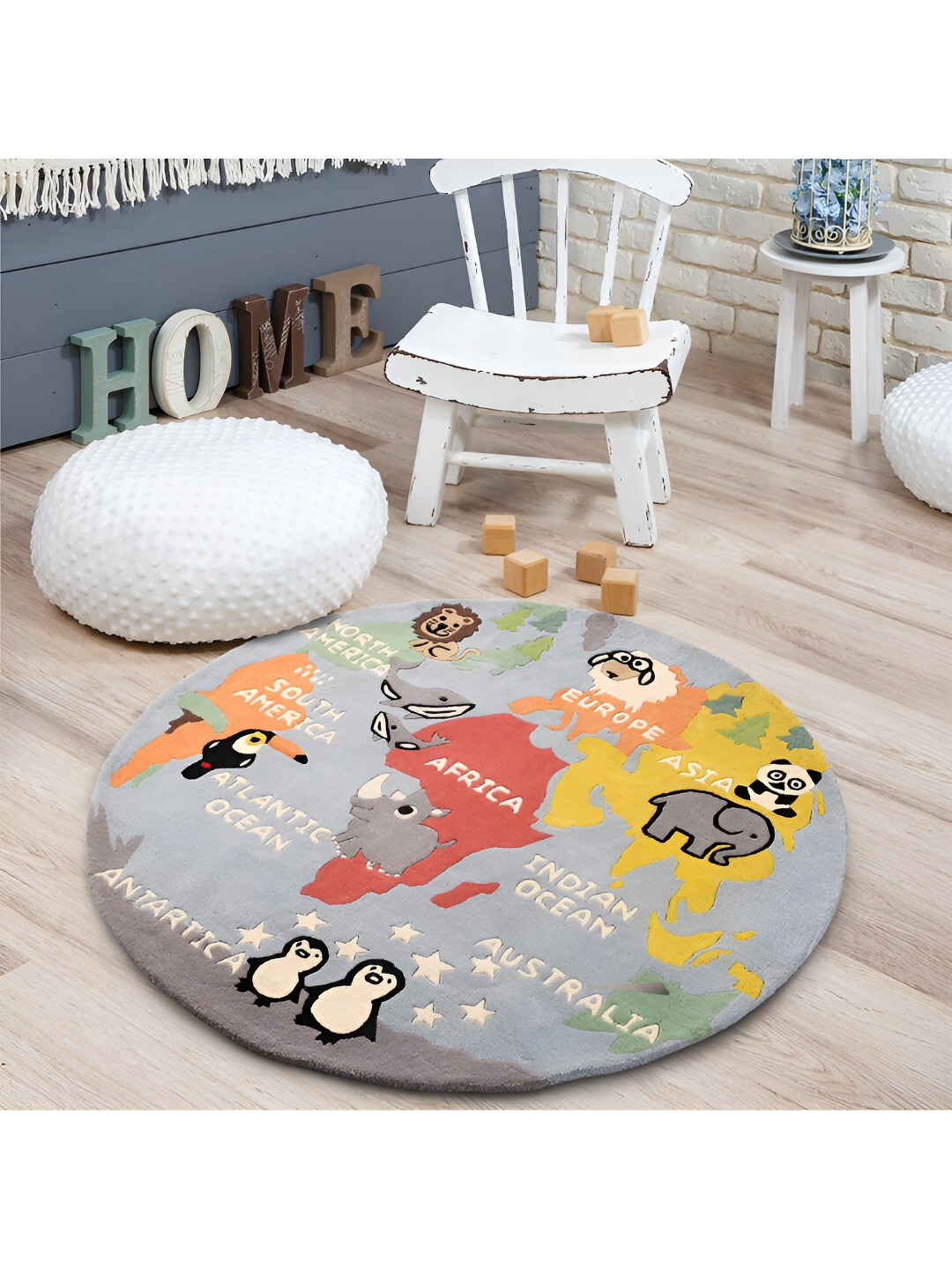 LITTLELOOMS Light  blue & Yellow Around The World Map Hand-Tufted Circular Woollen Carpet