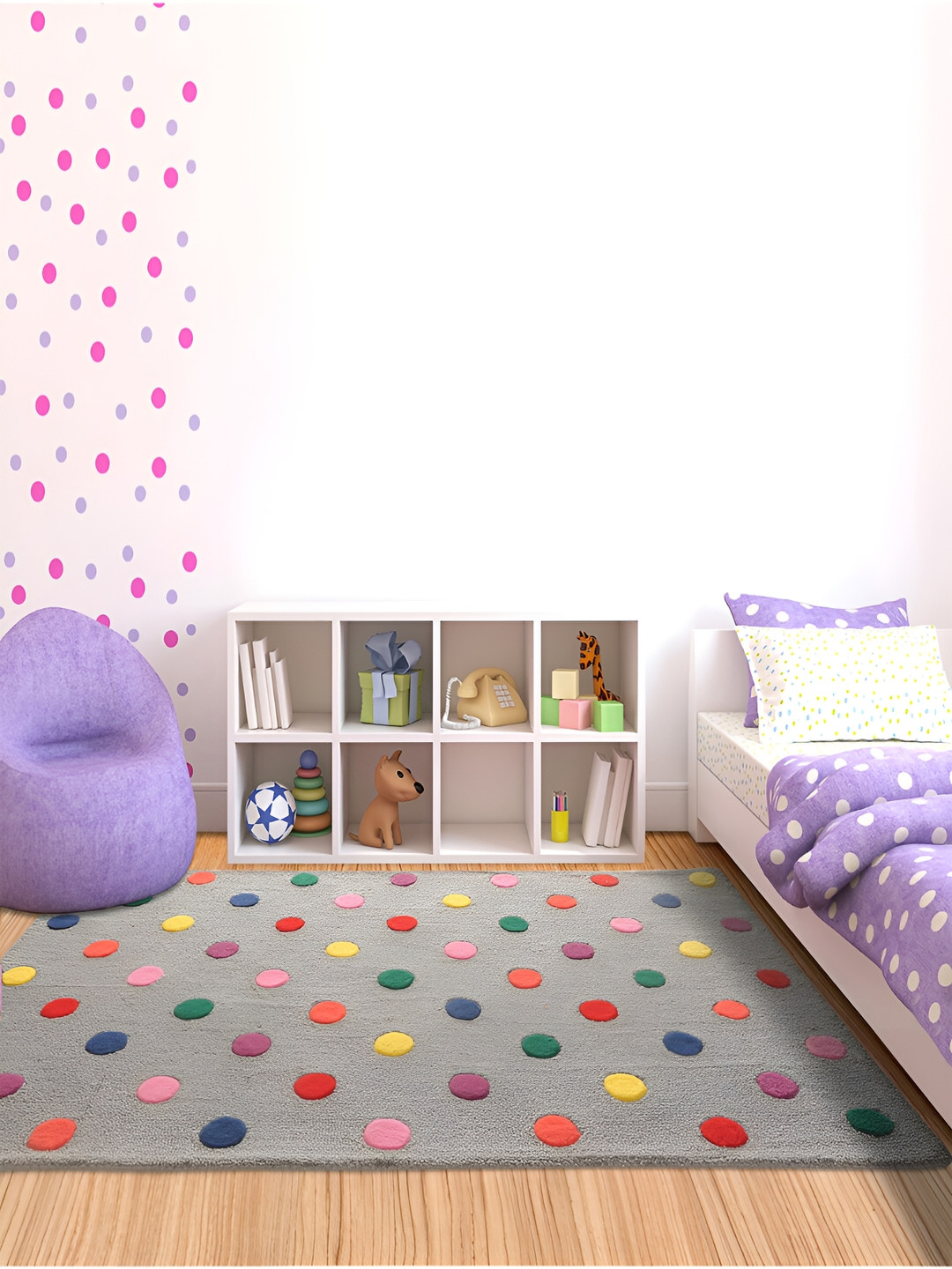 LITTLELOOMS Grey & Yellow Candy Polka Hand-Tufted Rectangular Woollen Carpet