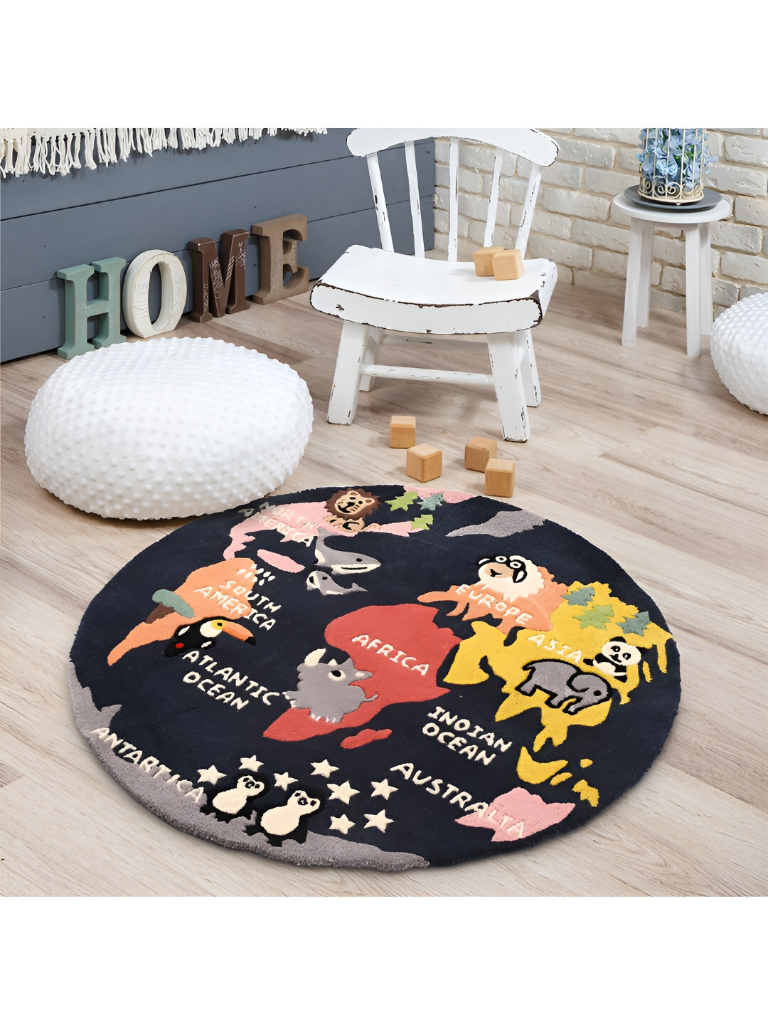 LITTLELOOMS Dark blue & Yellow Around The World Map Hand-Tufted Circular Woollen Carpet