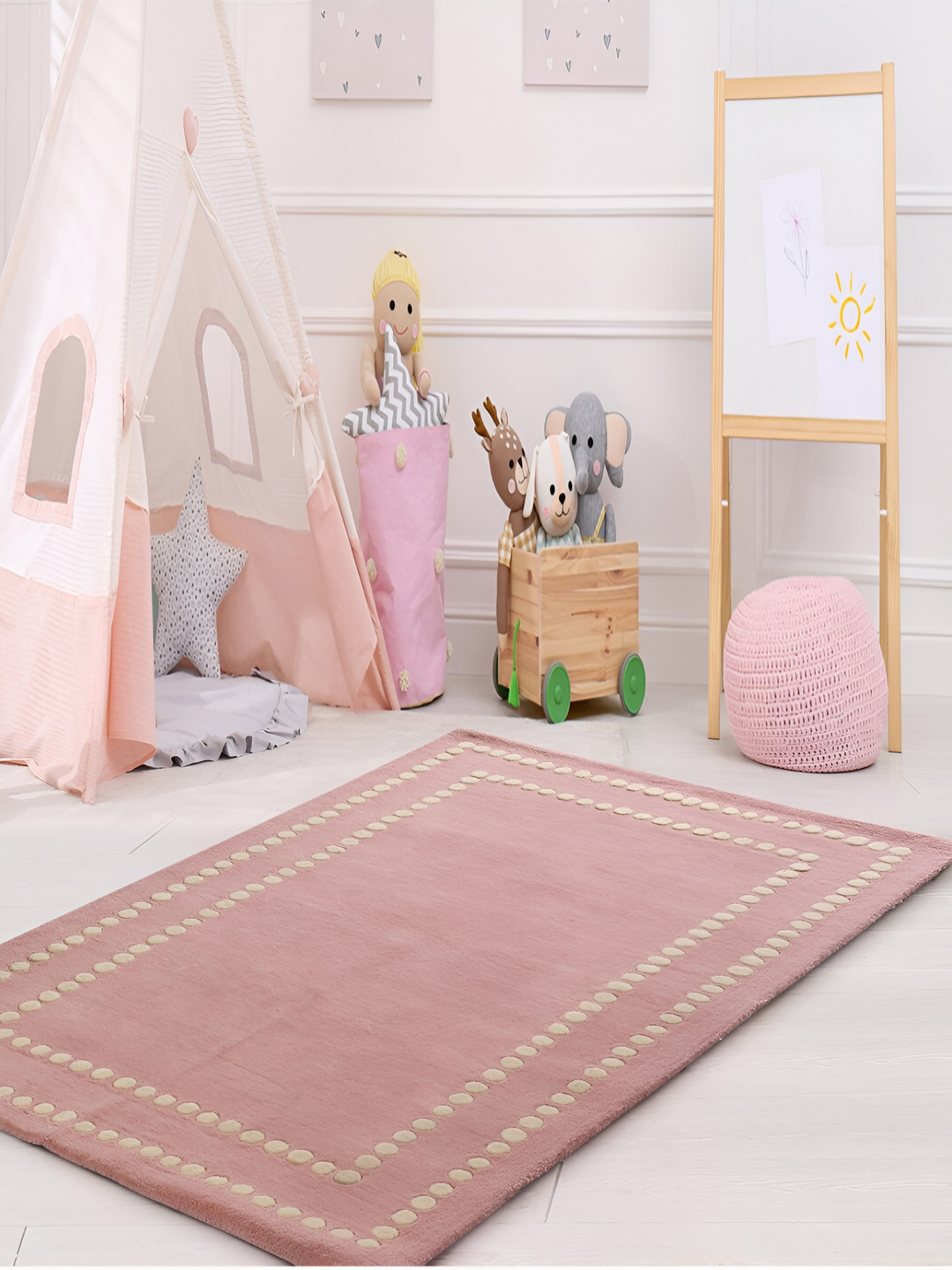 LITTLELOOMS Pink & Beige Polka Border Hand-Tufted Rectangular Woollen Carpet