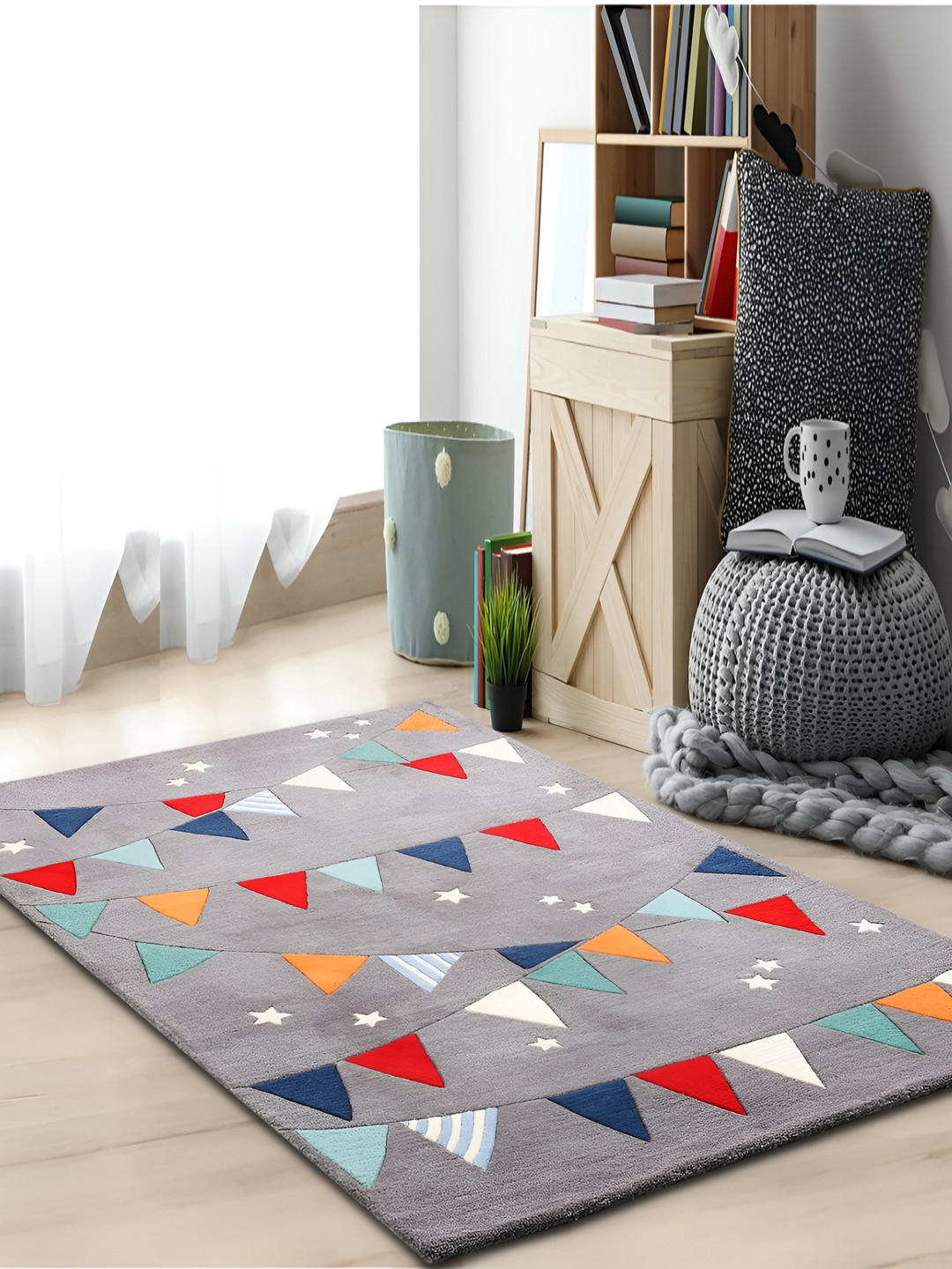 LITTLELOOMS Grey & Orange Hand-Tufted Reactangular Woollen Carpet