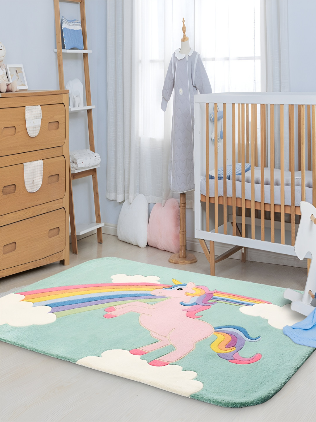 LITTLELOOMS Pink & Sea Green Unicorn Hand-Tufted Rectangular Woollen Carpet