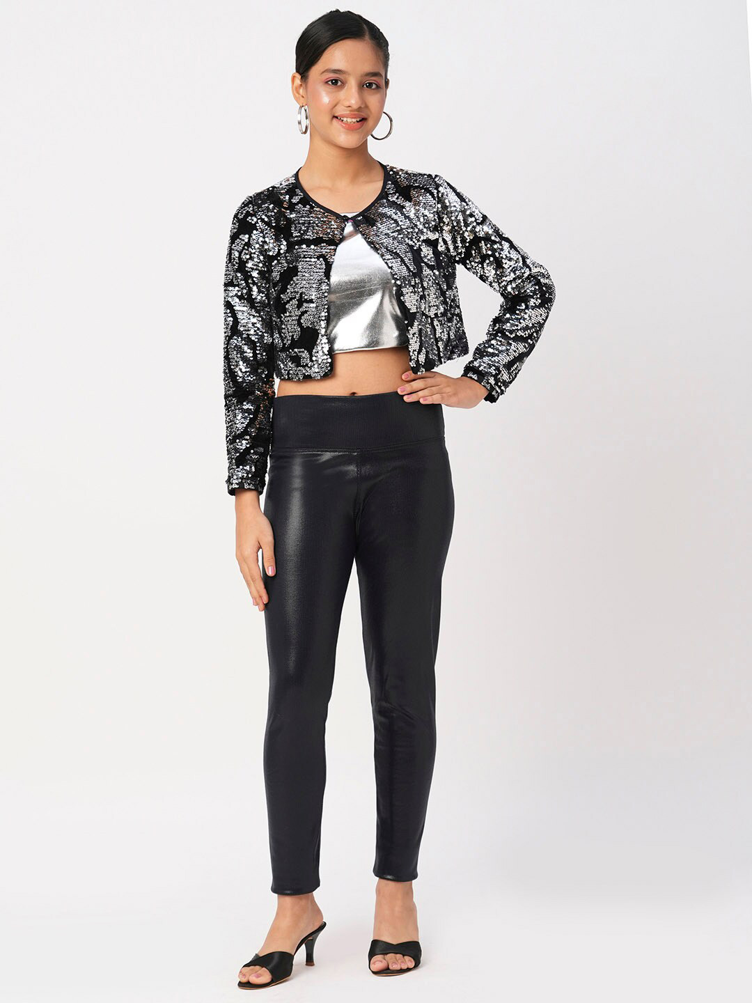 LIL DRAMA Kids Collarless Sequinned Crop Open Front Jacket