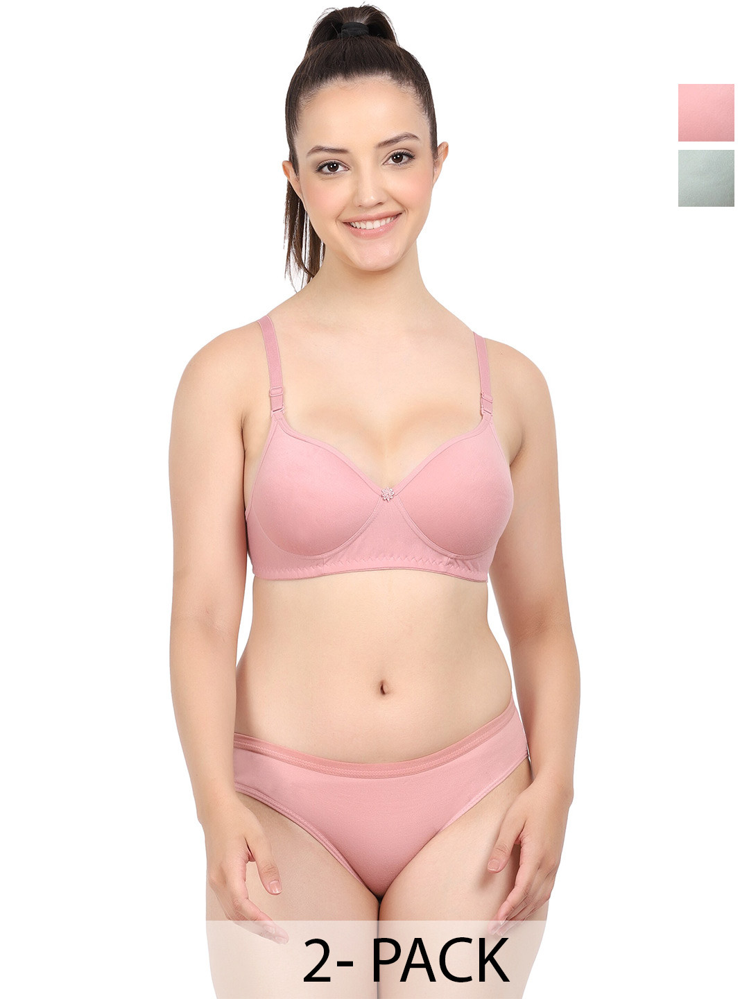 PIBU Pack of 2 Cotton Lingerie Set F_K_Nisa Set_Pink,Green