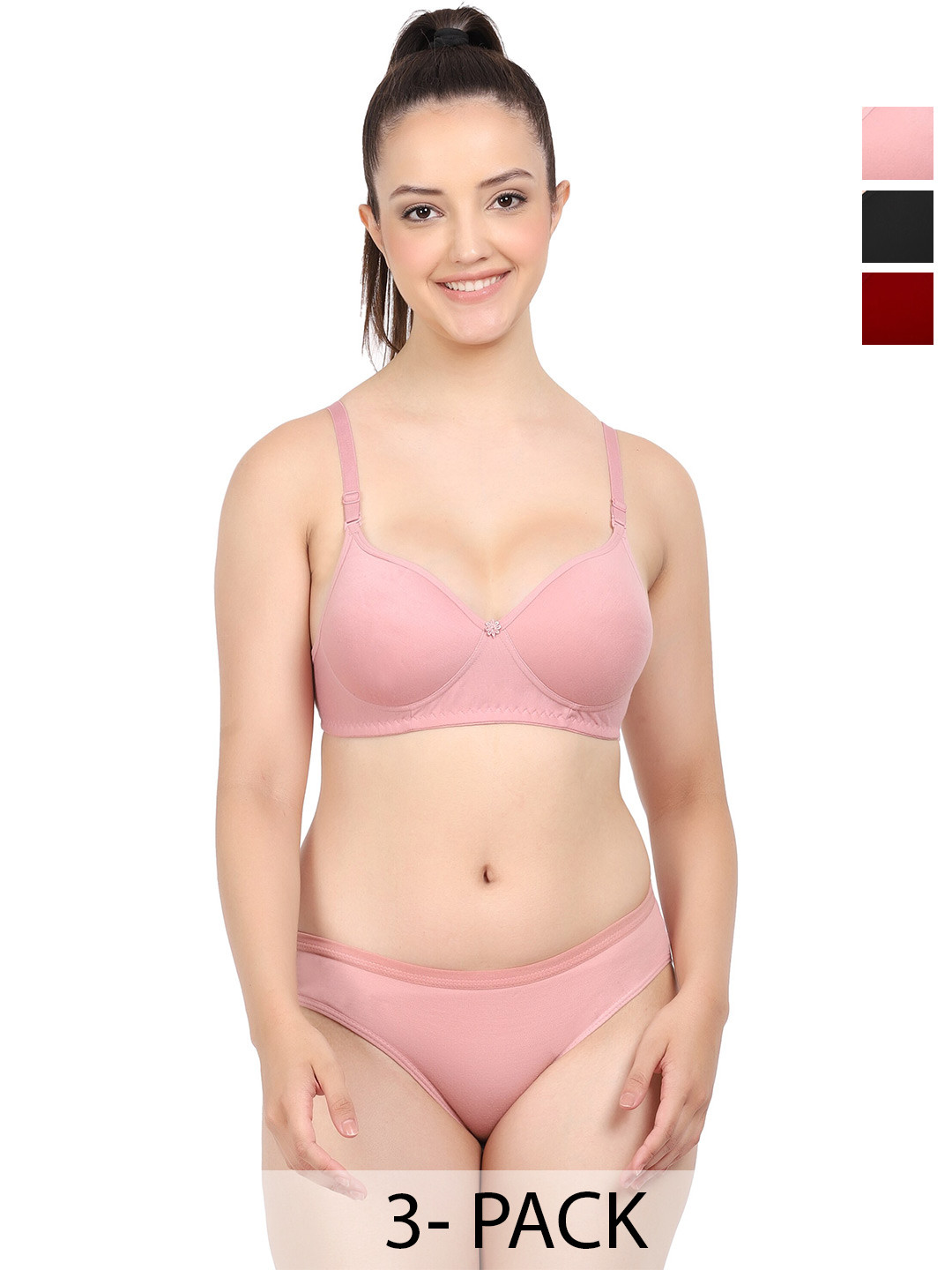 PIBU Pack Of 3 Cotton Bra Panty Lingerie Set F_K_Nisa Set_Pink,Maroon,Black