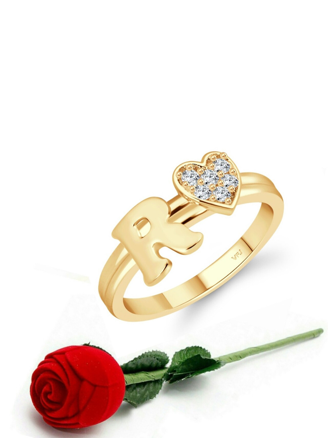 Vighnaharta Gold-Plated CZ-Studded R Letter With Heart Ring With Rose Box