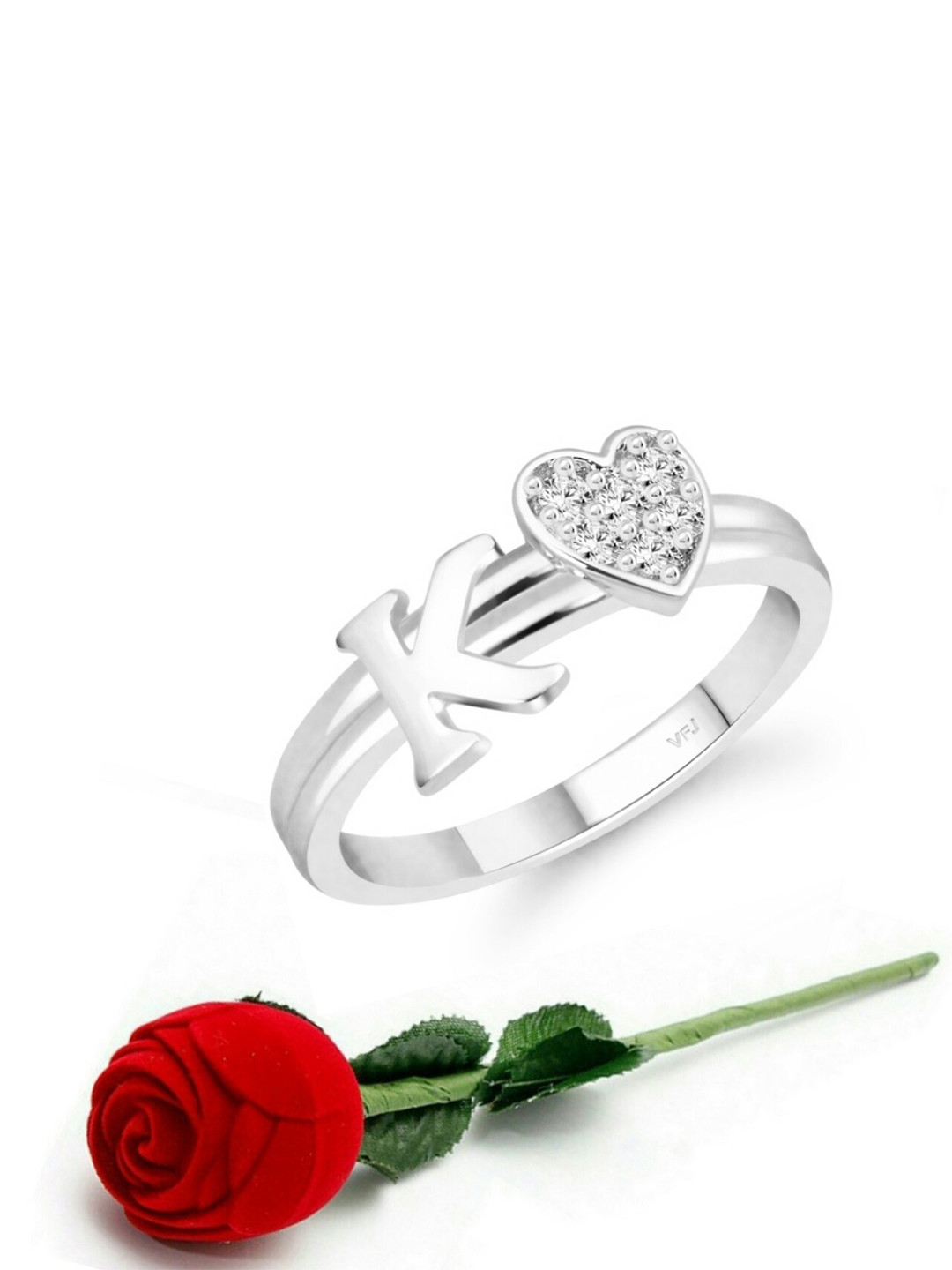 Vighnaharta Rhodium-Plated CZ Studded Finger Ring With Rose Box