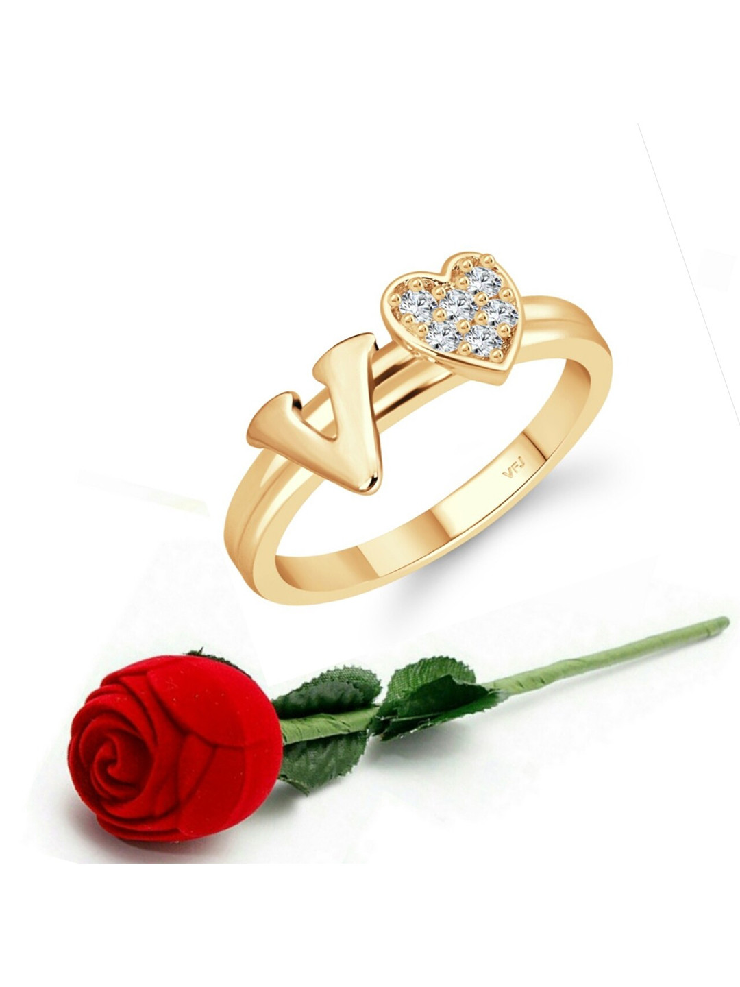 Vighnaharta Gold-Plated CZ-Studded V Letter With Heart Ring With Rose Box