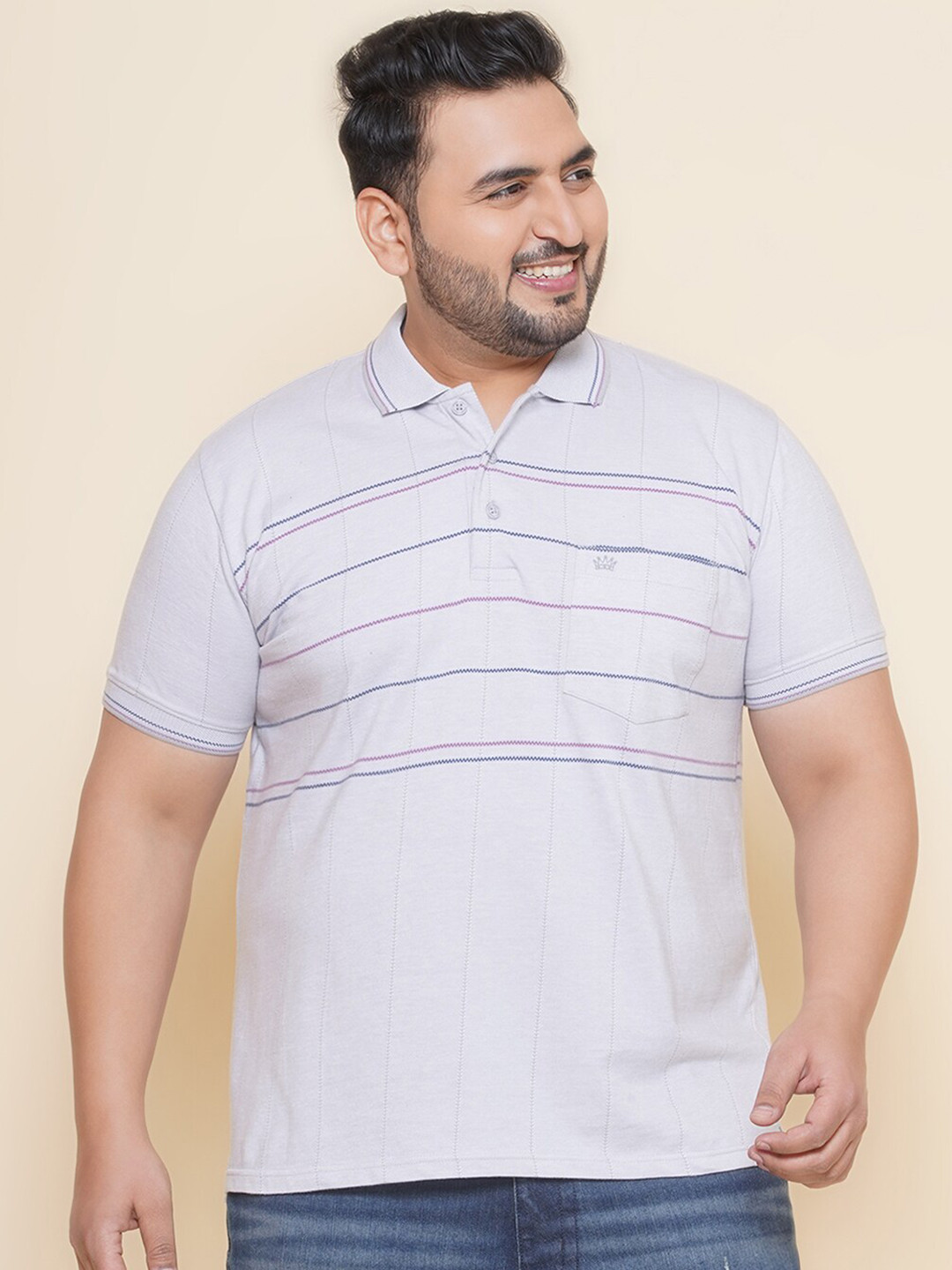 John Pride Plus Size Men Checked Polo Collar Short Sleeves Regular T-shirt