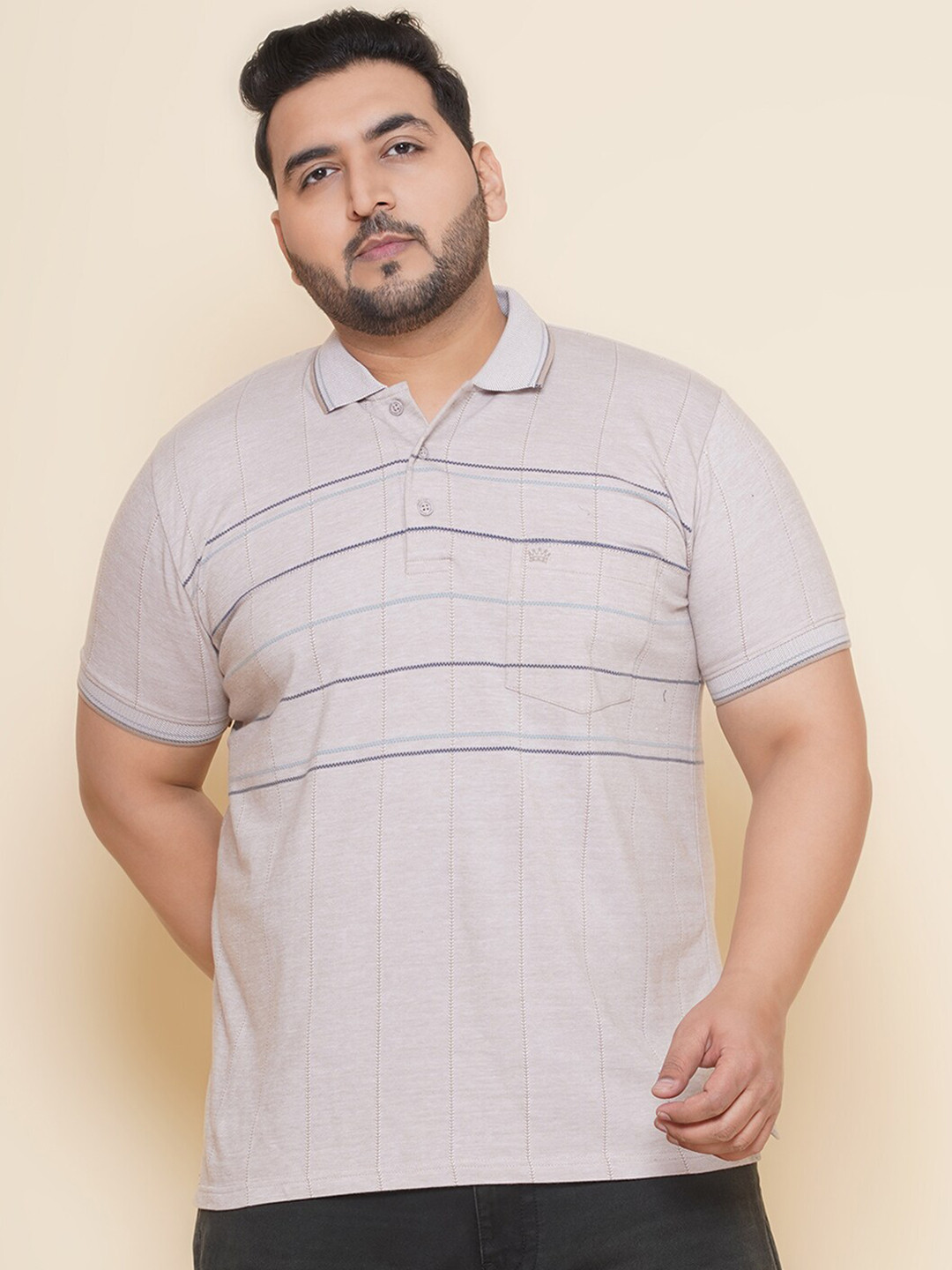 John Pride Plus Size Men Checked Polo Collar Short Sleeves Regular T-shirt